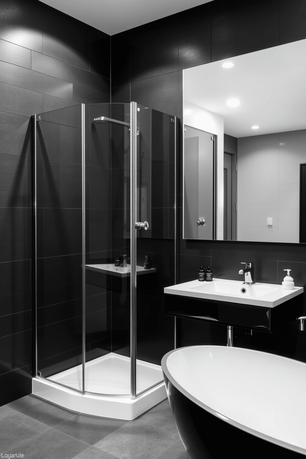 A sleek black shower enclosure with glass doors stands prominently in the corner of a modern bathroom. The walls are adorned with matte black tiles, creating a cohesive and sophisticated look. The space features a stylish freestanding bathtub with elegant chrome fixtures. A large mirror above the vanity reflects the striking contrast of the black and white color scheme, enhancing the overall ambiance.