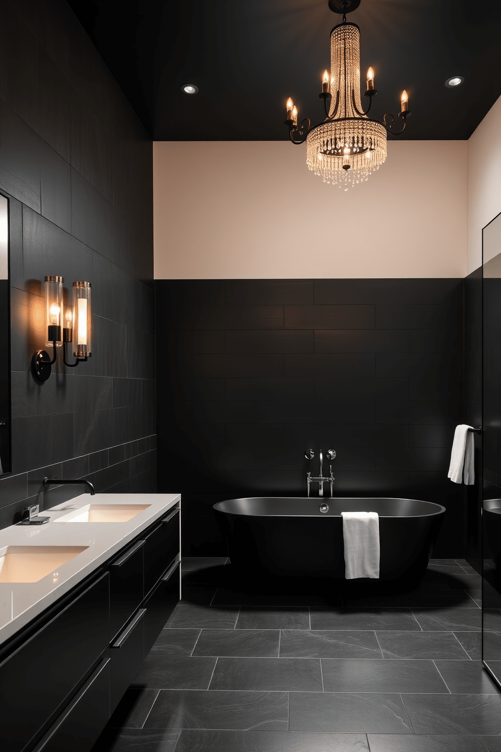 A luxurious black bathroom design featuring elegant lighting fixtures that cast a warm glow throughout the space. The walls are adorned with matte black tiles, complemented by a sleek freestanding bathtub and a stylish double sink vanity.