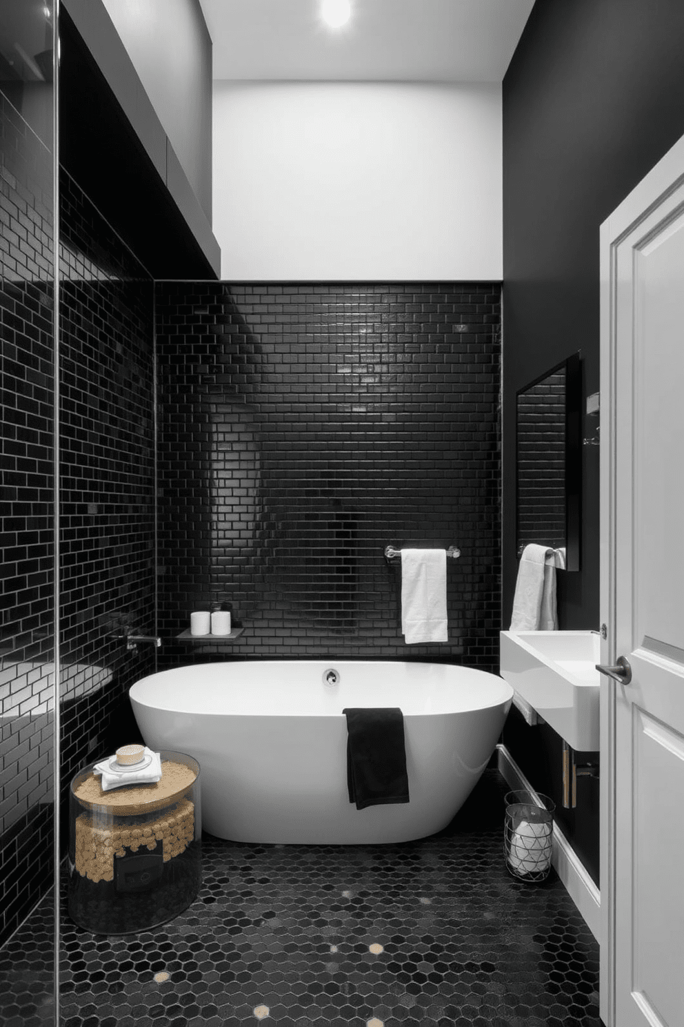 A striking bathroom design featuring black mosaic tiles that create a unique and modern aesthetic. The space is accented with sleek fixtures and minimalist decor to enhance the overall elegance. The walls are adorned with a rich black hue, complementing the mosaic tiles and creating a cohesive look. A freestanding soaking tub sits prominently, surrounded by carefully selected accessories that add a touch of luxury.