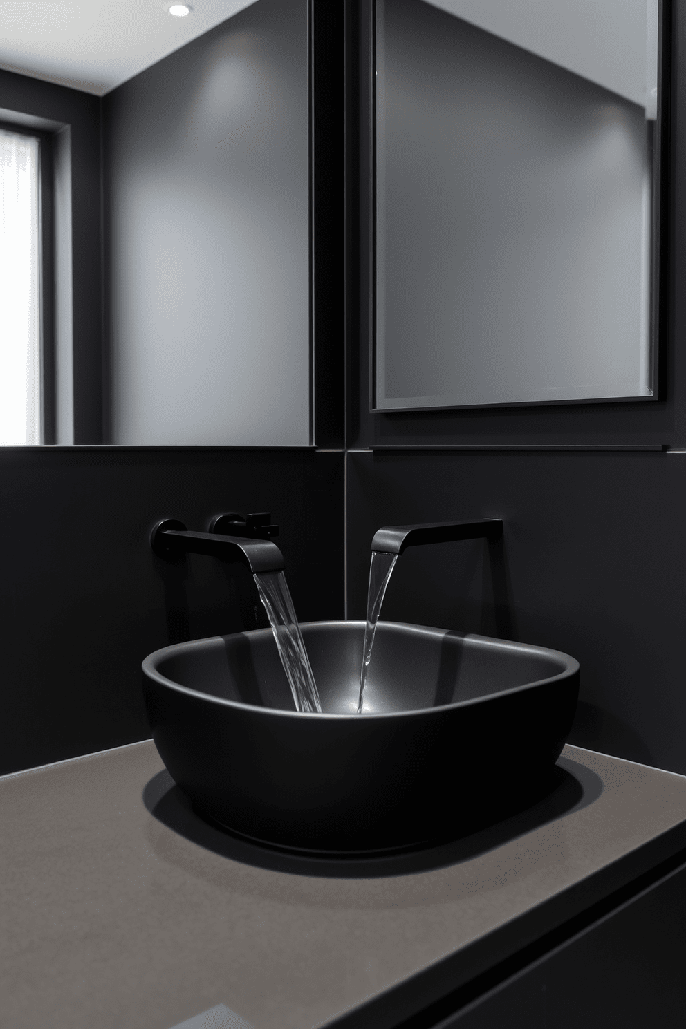 A contemporary black sink features a sleek waterfall faucet that cascades water elegantly. The surrounding space is adorned with matte black tiles and minimalist fixtures, creating a cohesive and modern aesthetic. The walls are painted in a deep charcoal hue, enhancing the sophistication of the black design elements. A large mirror with a thin black frame reflects the stylish ambiance, while subtle lighting adds warmth to the overall look.