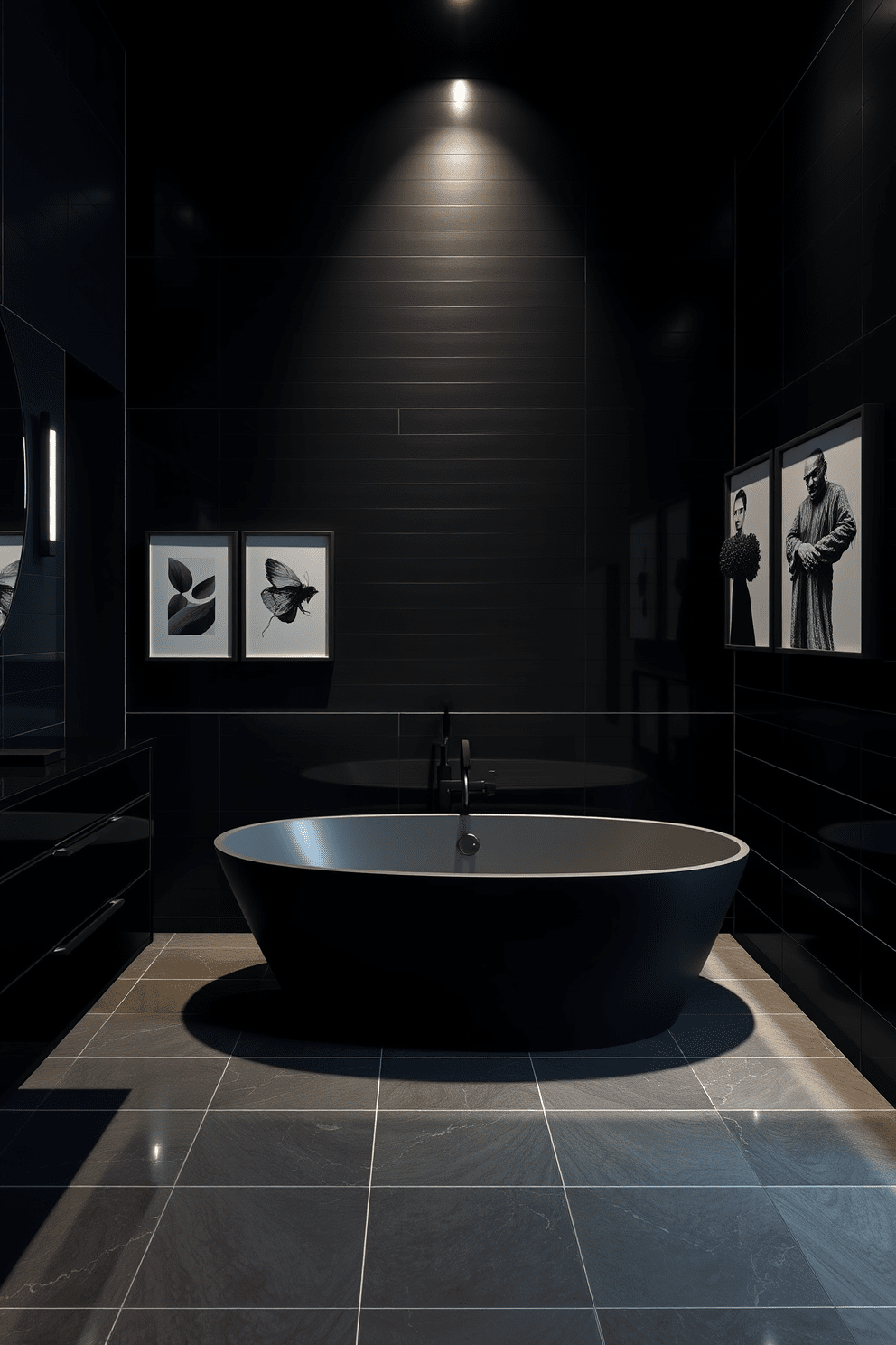 A sleek black bathroom featuring a large freestanding tub with a matte black finish. The walls are adorned with monochrome art pieces that create a striking contrast against the deep black tiles. A modern vanity with a glossy black surface complements the overall aesthetic. Accent lighting highlights the art, casting soft shadows that enhance the room's sophistication.