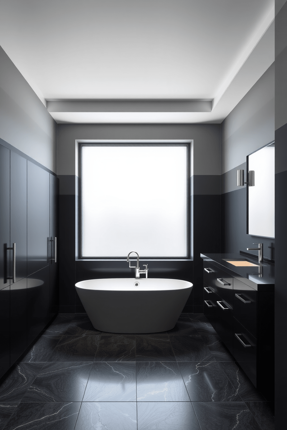 A modern bathroom featuring black and gray gradient wall paint that creates a striking visual effect. The space includes sleek black cabinetry with minimalist hardware and a large freestanding tub positioned under a frosted window for natural light. The flooring is a polished dark stone that complements the walls, while elegant chrome fixtures add a touch of luxury. A large mirror with a thin black frame hangs above a stylish double sink vanity, enhancing the sophisticated atmosphere.