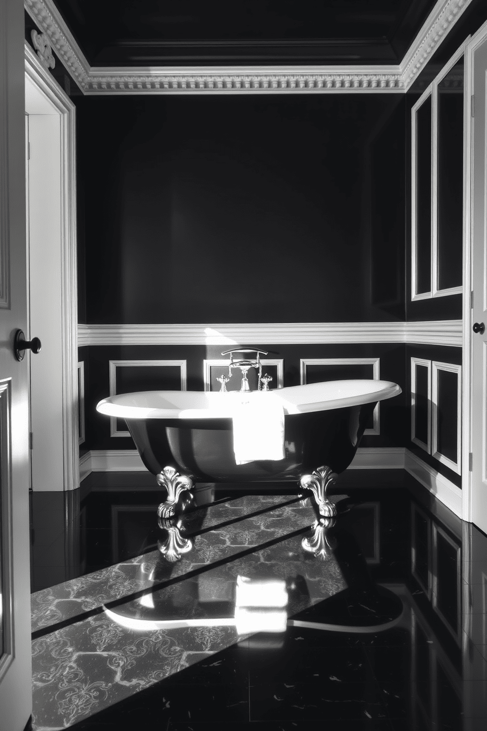 A vintage black clawfoot tub sits elegantly in the center of a chic black bathroom. The walls are adorned with intricate white moldings and the floor features glossy black tiles that enhance the room's sophistication.