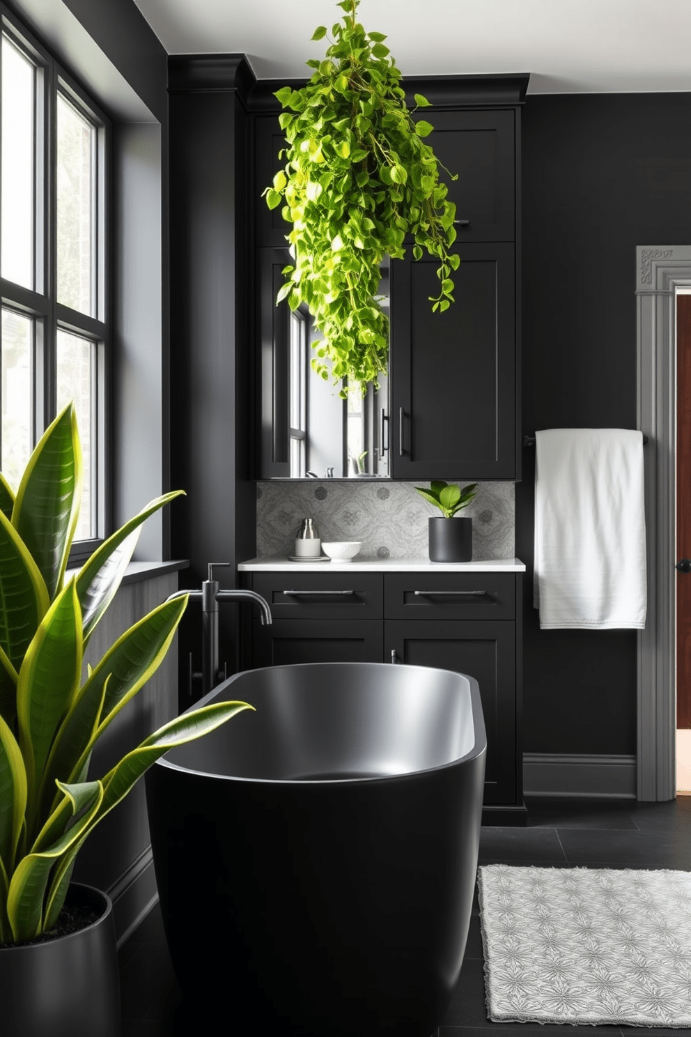 A striking black bathroom design featuring bold black plants that add a vibrant pop of green. The space includes sleek black cabinetry, a modern freestanding tub, and matte black fixtures that create an elegant contrast against the greenery.