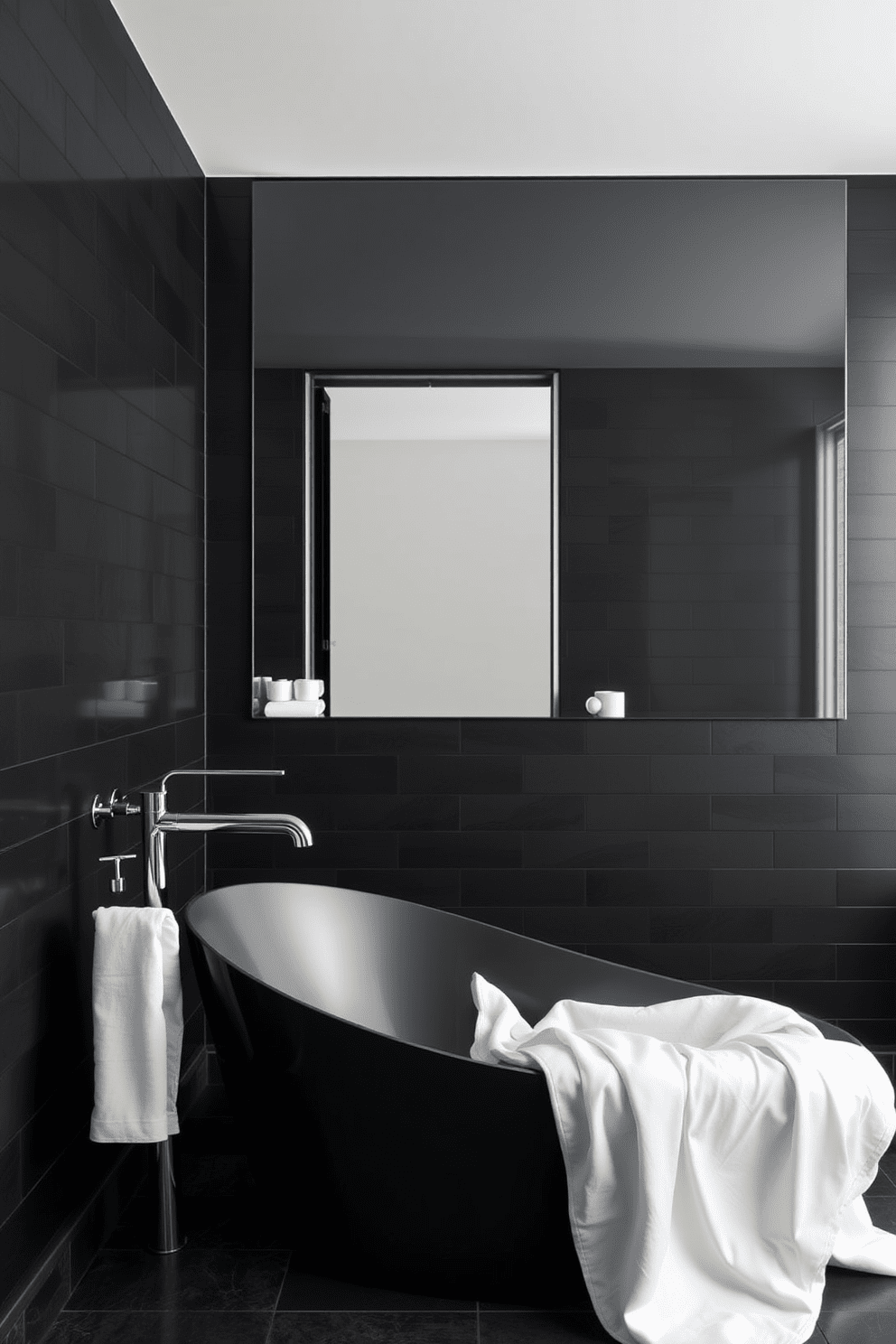 A striking black bathroom featuring crisp white linens elegantly draped over a sleek modern bathtub. The walls are adorned with matte black tiles, creating a dramatic contrast that highlights the softness of the white fabrics. Stylish fixtures in polished chrome add a touch of sophistication to the space. A large frameless mirror reflects the minimalist design, enhancing the overall sense of luxury and tranquility.