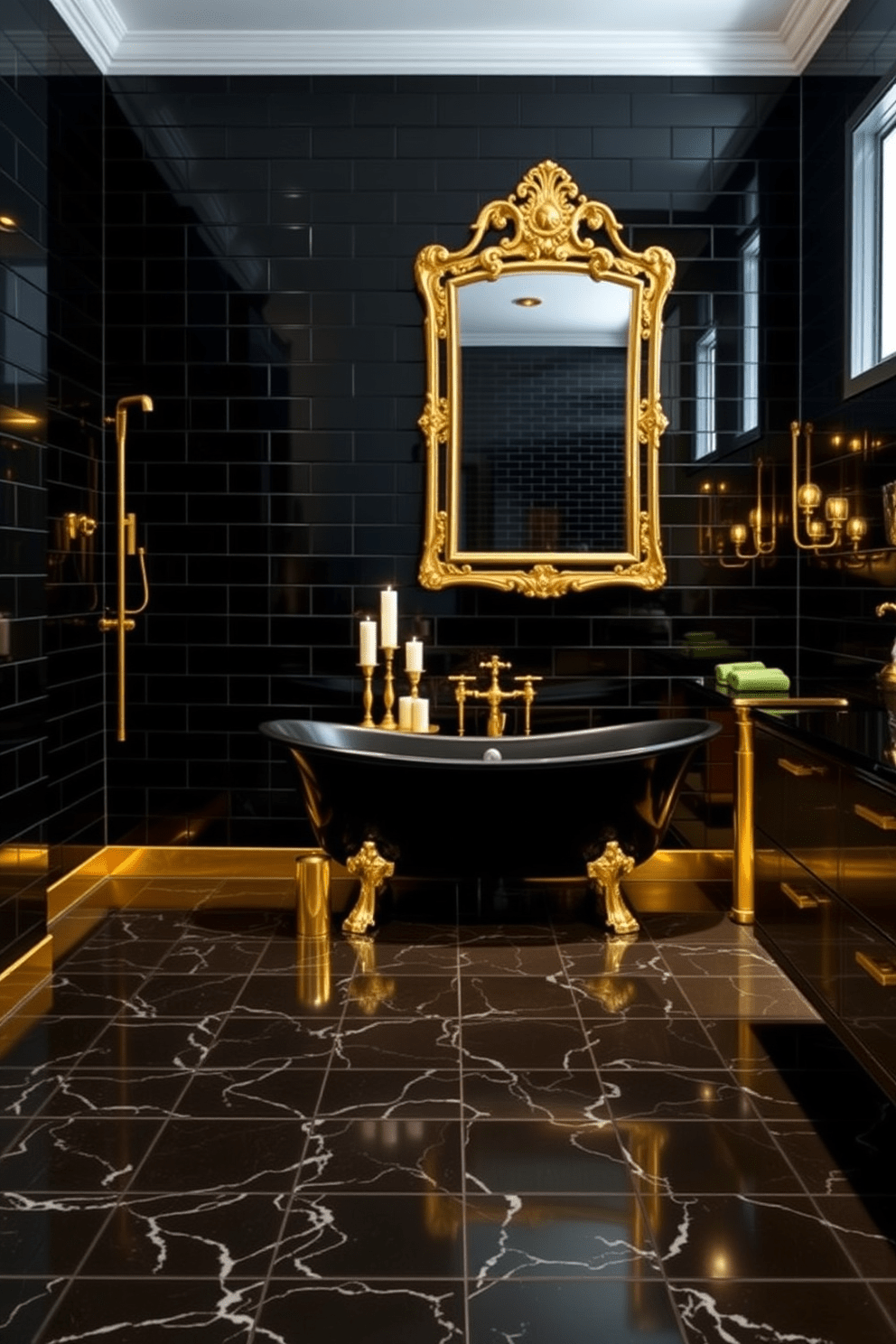 A luxurious black bathroom features sleek black tiles covering the walls and floor, creating a dramatic backdrop. Gold accents are incorporated through elegant fixtures, including a stunning gold-framed mirror and chic cabinet handles. The centerpiece is a freestanding black bathtub, surrounded by candles and decorative elements in gold. Soft lighting enhances the opulence, casting a warm glow over the rich textures and finishes throughout the space.