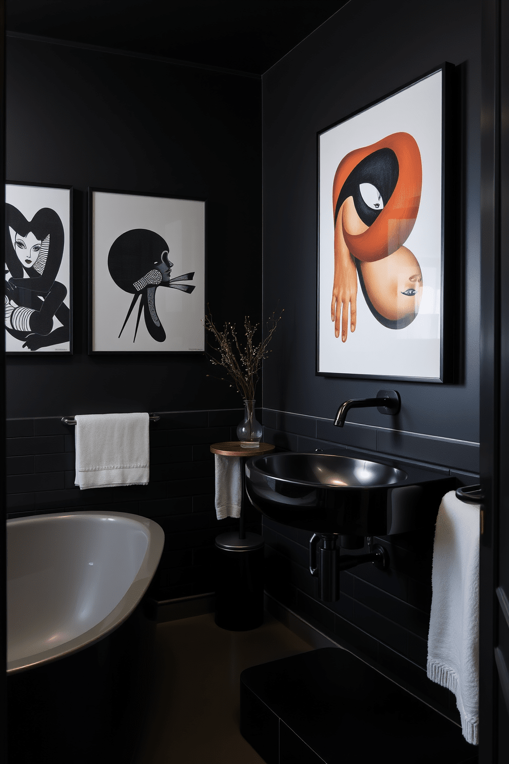 A striking black bathroom design featuring statement art pieces on the walls. The space is enhanced by sleek black fixtures and a minimalist aesthetic that exudes sophistication.