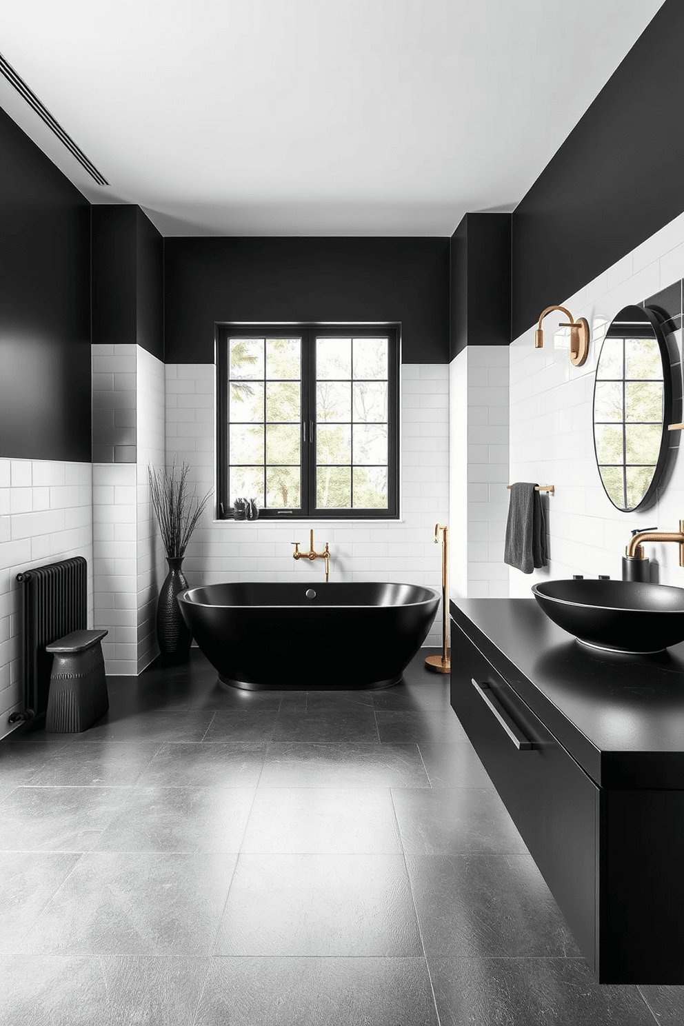 A sleek modern bathroom features black concrete flooring that adds an industrial touch to the space. The walls are adorned with crisp white tiles, creating a striking contrast that enhances the overall aesthetic. A freestanding black soaking tub sits elegantly in the corner, surrounded by minimalist decor. Above the tub, a large window allows natural light to flood the room, highlighting the bold design choices. The vanity area showcases a floating black countertop with a stylish vessel sink. Accented by gold fixtures, the design exudes sophistication and contemporary flair.