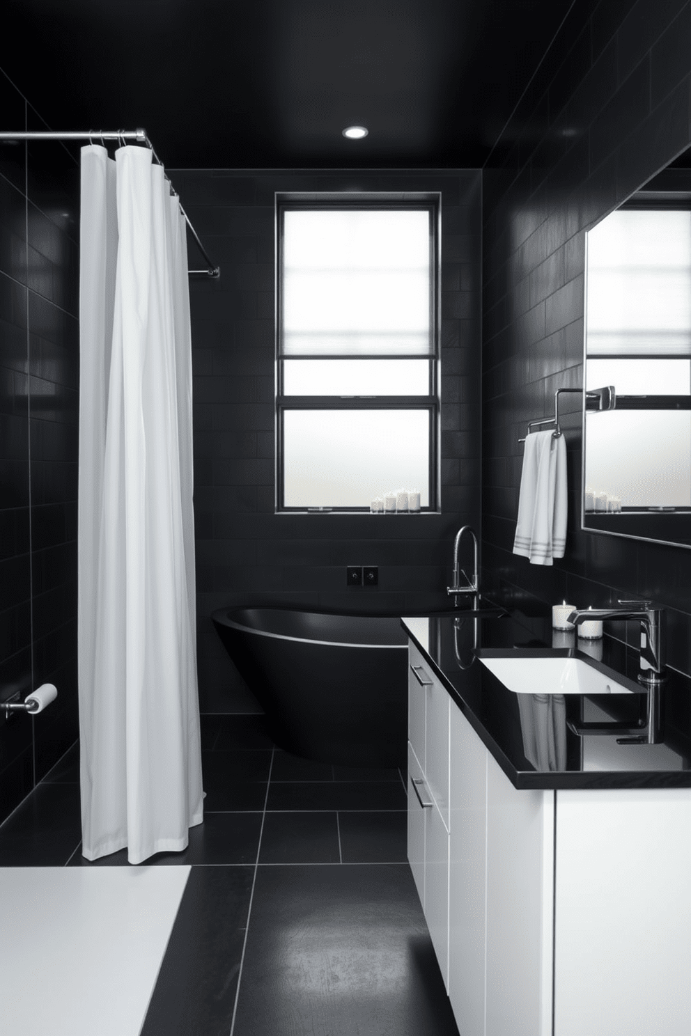 A sleek black bathroom featuring subtle black accents in the shower curtains creates a modern and elegant atmosphere. The walls are adorned with matte black tiles, complemented by polished chrome fixtures that add a touch of sophistication. A freestanding soaking tub sits gracefully in the corner, surrounded by candles for a serene ambiance. The vanity showcases a minimalist design with a black countertop and a large mirror that reflects the stylish decor.