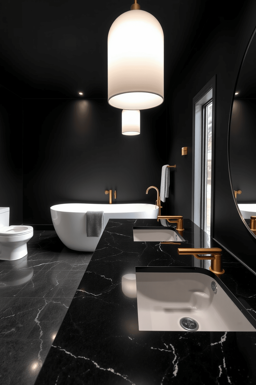 A modern black bathroom featuring elegant black stone countertops that provide a sleek and sophisticated finish. The space is adorned with minimalist fixtures and soft ambient lighting, enhancing the overall luxurious feel. The walls are painted in a deep matte black, creating a dramatic backdrop for the stylish white freestanding bathtub. Accents of brushed gold in the faucets and hardware add a touch of warmth and contrast to the dark theme.