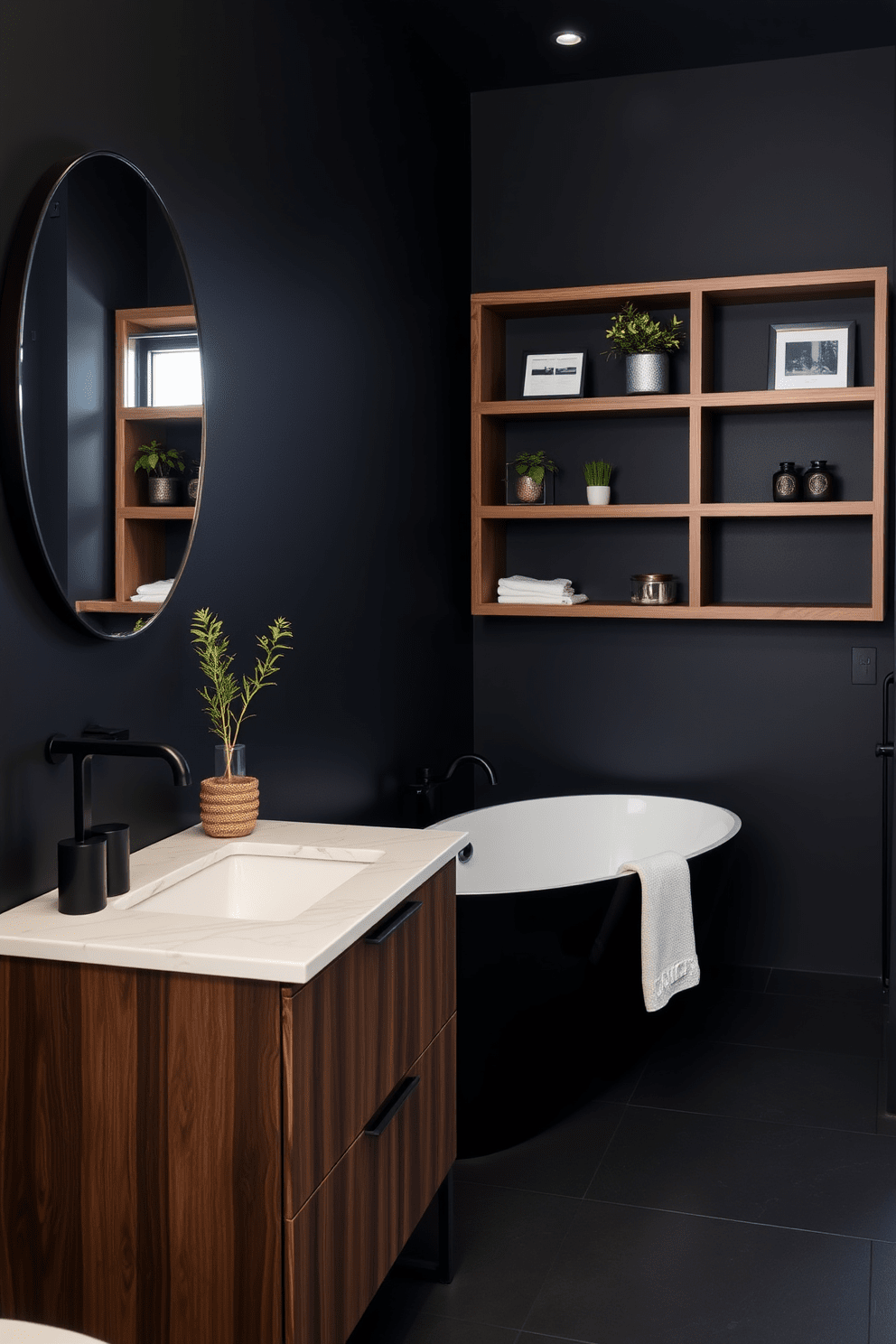 A modern black bathroom design featuring dark wood accents that create a warm and inviting atmosphere. The space includes a freestanding black bathtub surrounded by elegant wooden shelving that holds decorative items and plants. The walls are painted in a deep matte black, enhancing the luxurious feel of the room. A sleek wooden vanity with a white marble countertop provides a striking contrast and offers ample storage space.