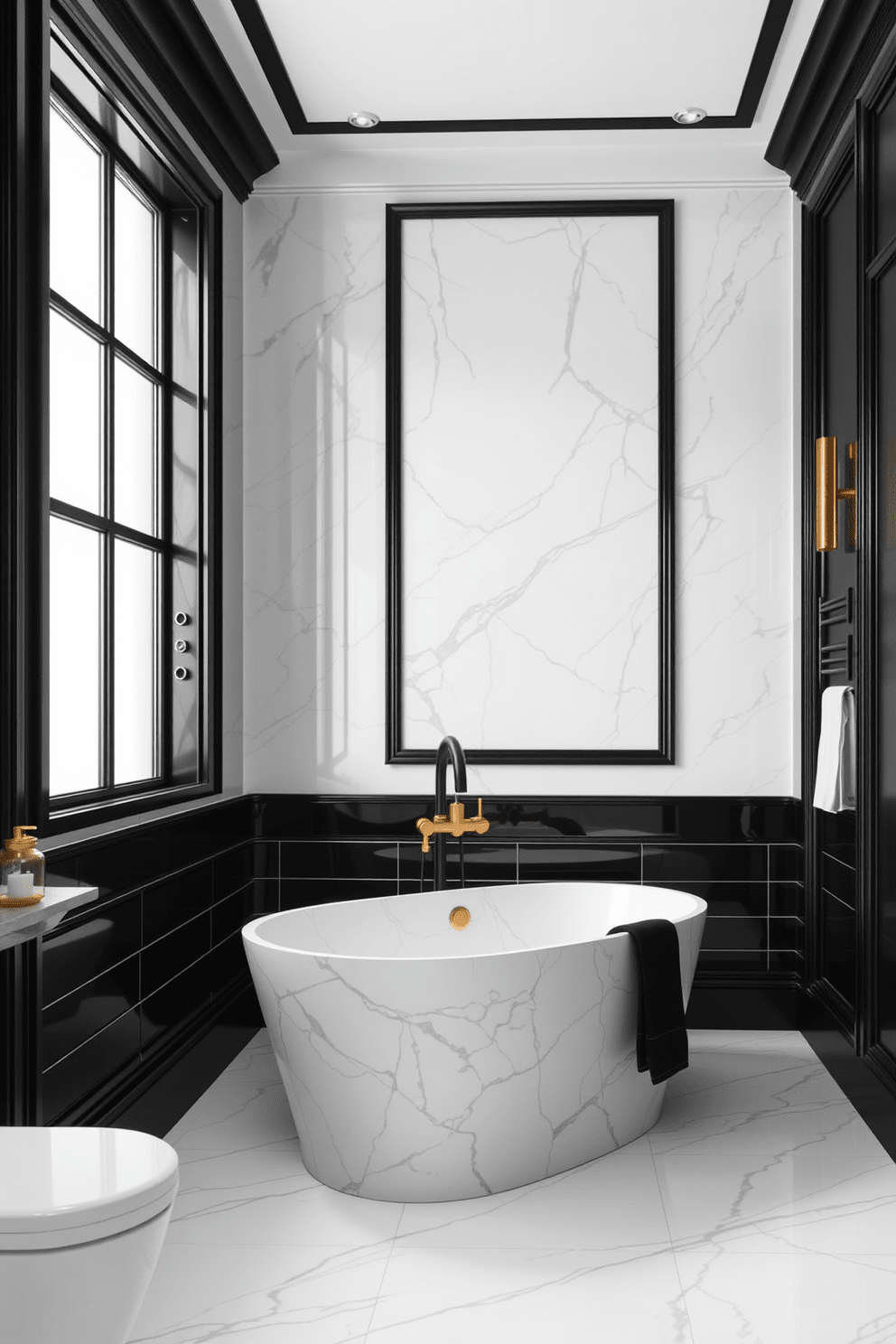 A striking black bathroom featuring high-contrast white marble with bold black trim. The walls are adorned with sleek black tiles, creating a dramatic backdrop for the elegant fixtures. A freestanding white marble bathtub takes center stage, paired with a modern black faucet. Accents of gold in the lighting and accessories add a touch of luxury to the overall design.