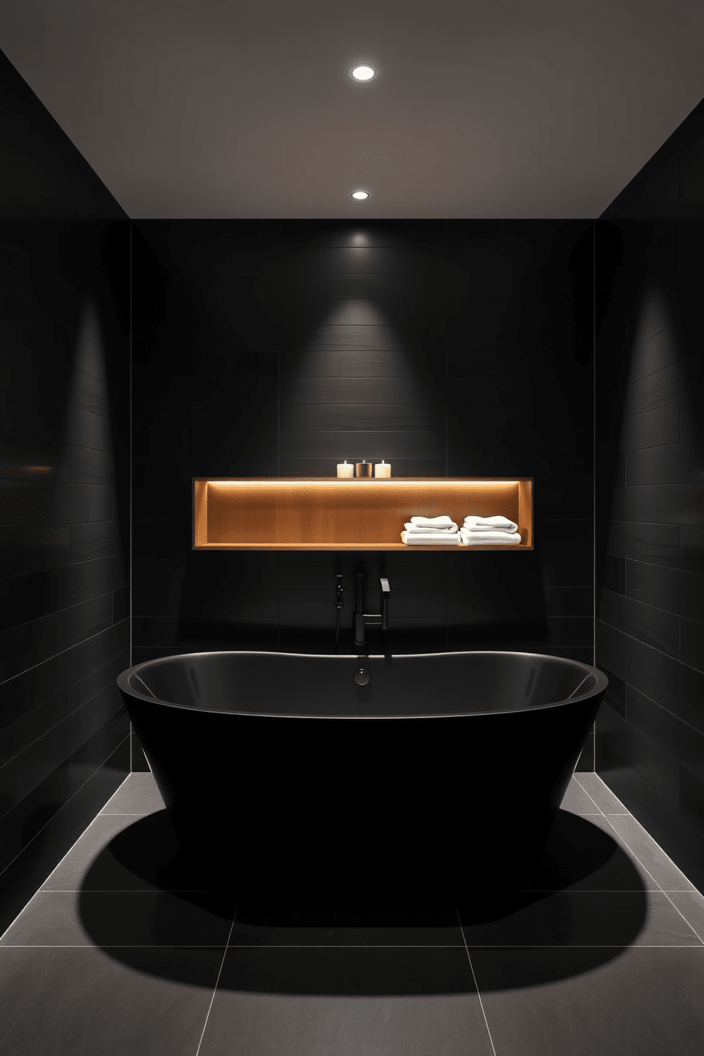 A stunning black freestanding tub serves as the centerpiece of this elegant bathroom design. The walls are adorned with matte black tiles, creating a cohesive and sophisticated look. Soft ambient lighting highlights the tub and enhances the luxurious atmosphere. A minimalist wooden shelf holds neatly arranged towels and candles, adding warmth to the space.