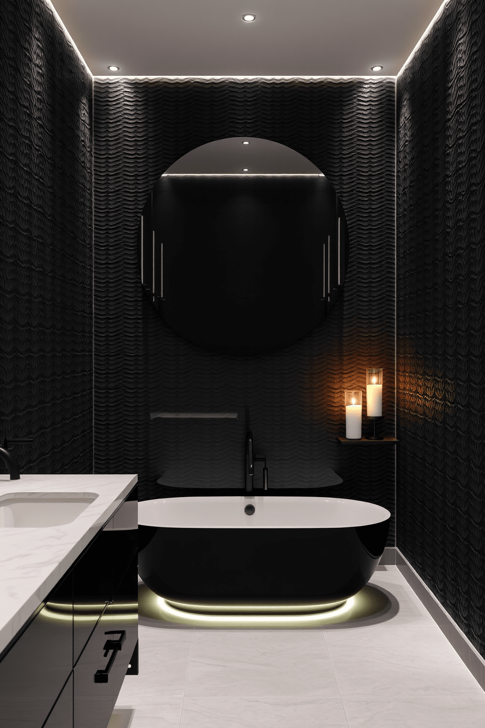 Textured black wallpaper covers the walls, creating a dramatic backdrop that enhances the elegance of the space. A sleek freestanding bathtub sits in the center, surrounded by minimalist black fixtures and soft ambient lighting. The vanity features a modern design with a glossy black finish and a white marble countertop. Above the vanity, a large round mirror reflects the sophisticated decor, while strategically placed candles add warmth and intimacy to the ambiance.