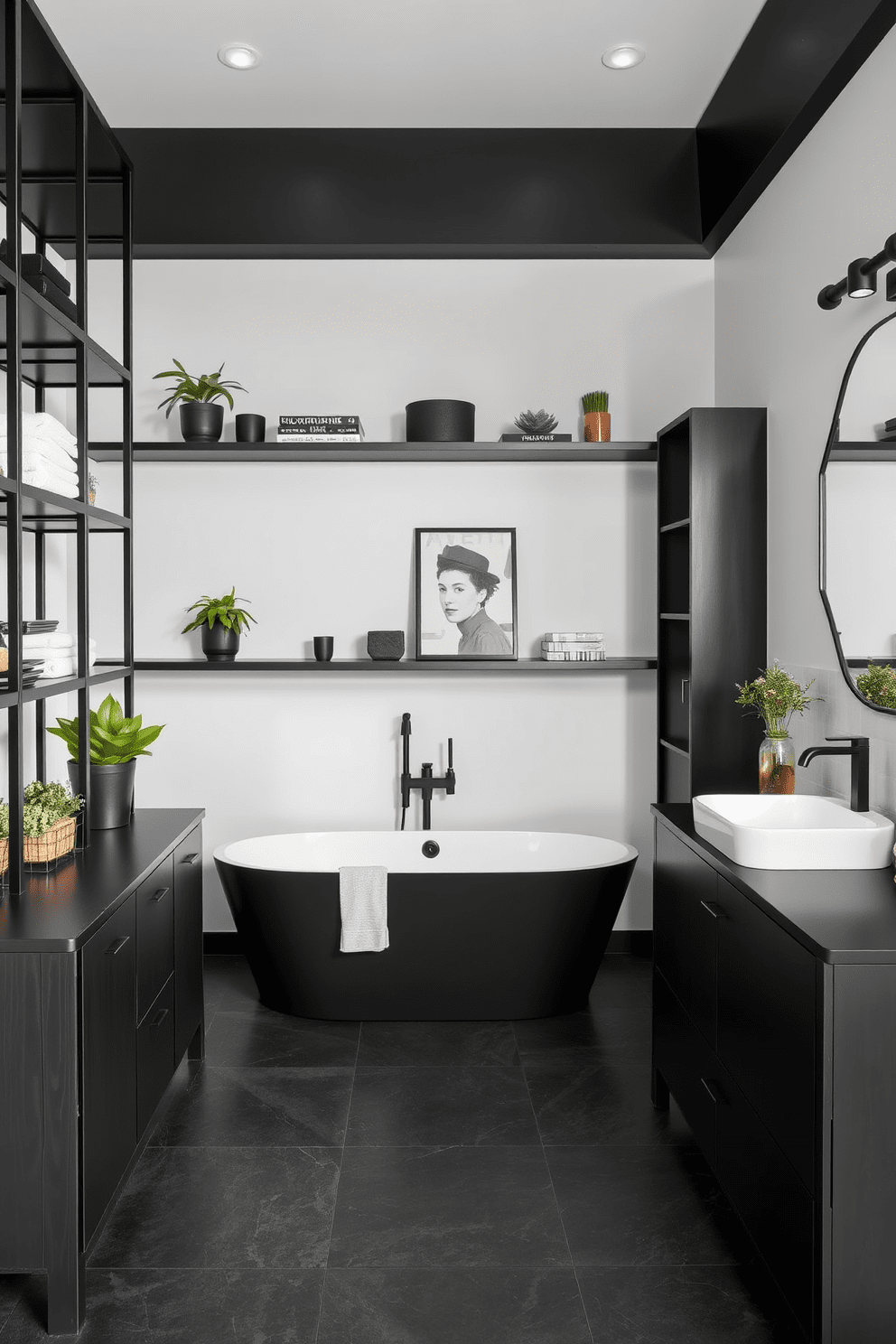 Open shelving with black wood finishes creates a modern and sleek aesthetic. The shelves are adorned with carefully curated decor items, including potted plants and stylish storage boxes. The black bathroom design features matte black fixtures and a freestanding tub. Large format tiles in a deep charcoal hue cover the floor, complemented by a minimalist black vanity.