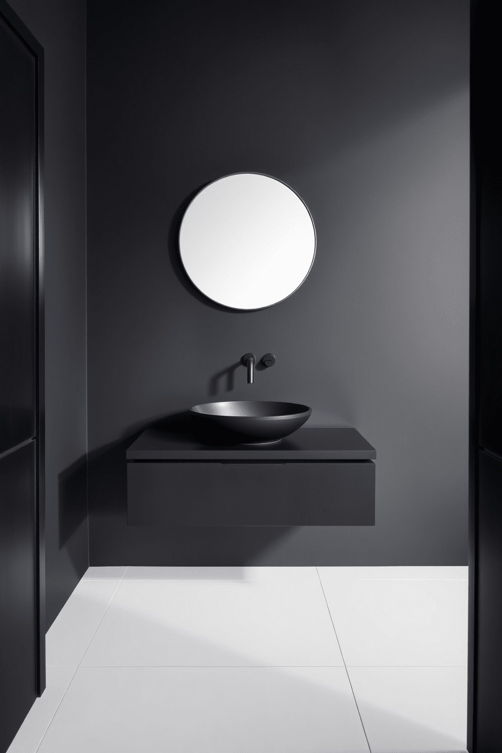 A minimalist black vanity features a sleek vessel sink elegantly perched atop a smooth countertop. The walls are painted in a deep matte black, creating a dramatic backdrop for the design. The floor is adorned with large white tiles that contrast beautifully with the dark elements of the room. A simple round mirror hangs above the vanity, enhancing the modern aesthetic while providing functionality.