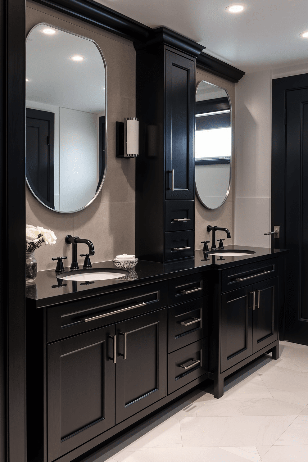 A sleek black bathroom featuring dark wood cabinetry with elegant black countertops. The space is accented with modern fixtures and minimalistic decor, creating a sophisticated and timeless atmosphere.