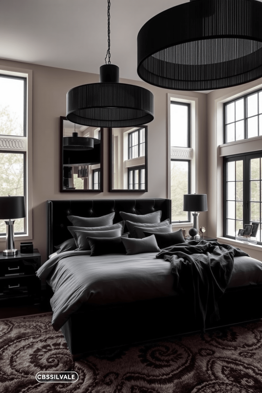 A dramatic black bedroom design featuring statement black light fixtures that create a bold contrast against the soft, muted walls. The room includes a plush king-sized bed with luxurious bedding, complemented by sleek black nightstands on either side. Rich textures are introduced through a velvet upholstered headboard and a cozy area rug that adds warmth to the space. Large windows allow natural light to filter in, enhancing the overall ambiance of sophistication and comfort.