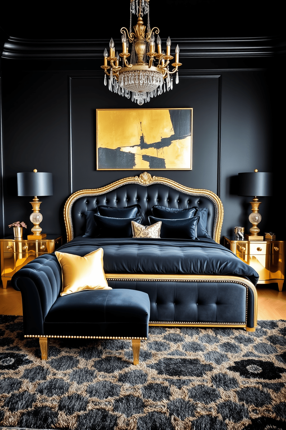 A luxurious black bedroom adorned with gold decor accents. The walls are painted in deep black, creating a dramatic backdrop for the opulent furnishings. A plush king-size bed is dressed in rich black linens, complemented by an ornate gold headboard. Gold bedside tables flanking the bed feature elegant lamps with black shades, adding a touch of sophistication. The room includes a stylish black velvet chaise lounge, accented with gold throw pillows. A striking piece of abstract art in gold and black hangs above a sleek dresser, enhancing the glam aesthetic. Soft lighting from a crystal chandelier casts a warm glow over the space, creating an inviting atmosphere. A plush area rug in black and gold patterns ties the room together, adding texture and warmth.