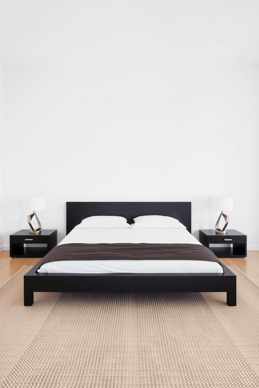 A minimalist black platform bed is the focal point of the room, emphasizing simplicity and elegance. The walls are painted in a soft white hue, creating a serene backdrop that enhances the bed's sleek lines. Flanking the bed are two modern nightstands with clean geometric shapes, each topped with a stylish lamp. A textured area rug in neutral tones lies beneath the bed, adding warmth to the minimalist aesthetic.