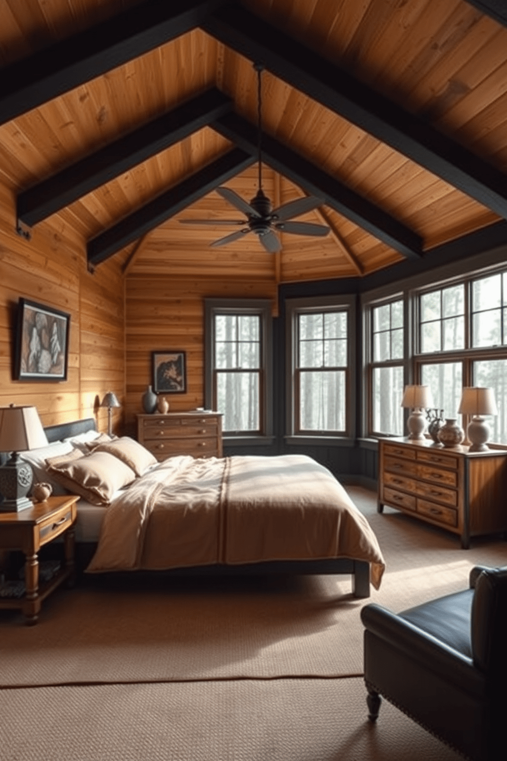 A cozy black bedroom featuring rustic black beams that create a warm cabin atmosphere. The walls are adorned with natural wood paneling, and a plush king-sized bed is centered in the room, dressed in soft, earthy-toned linens. A vintage wooden dresser sits against one wall, complemented by a pair of bedside tables with handcrafted lamps. Large windows allow natural light to flood the space, showcasing views of the surrounding forest.