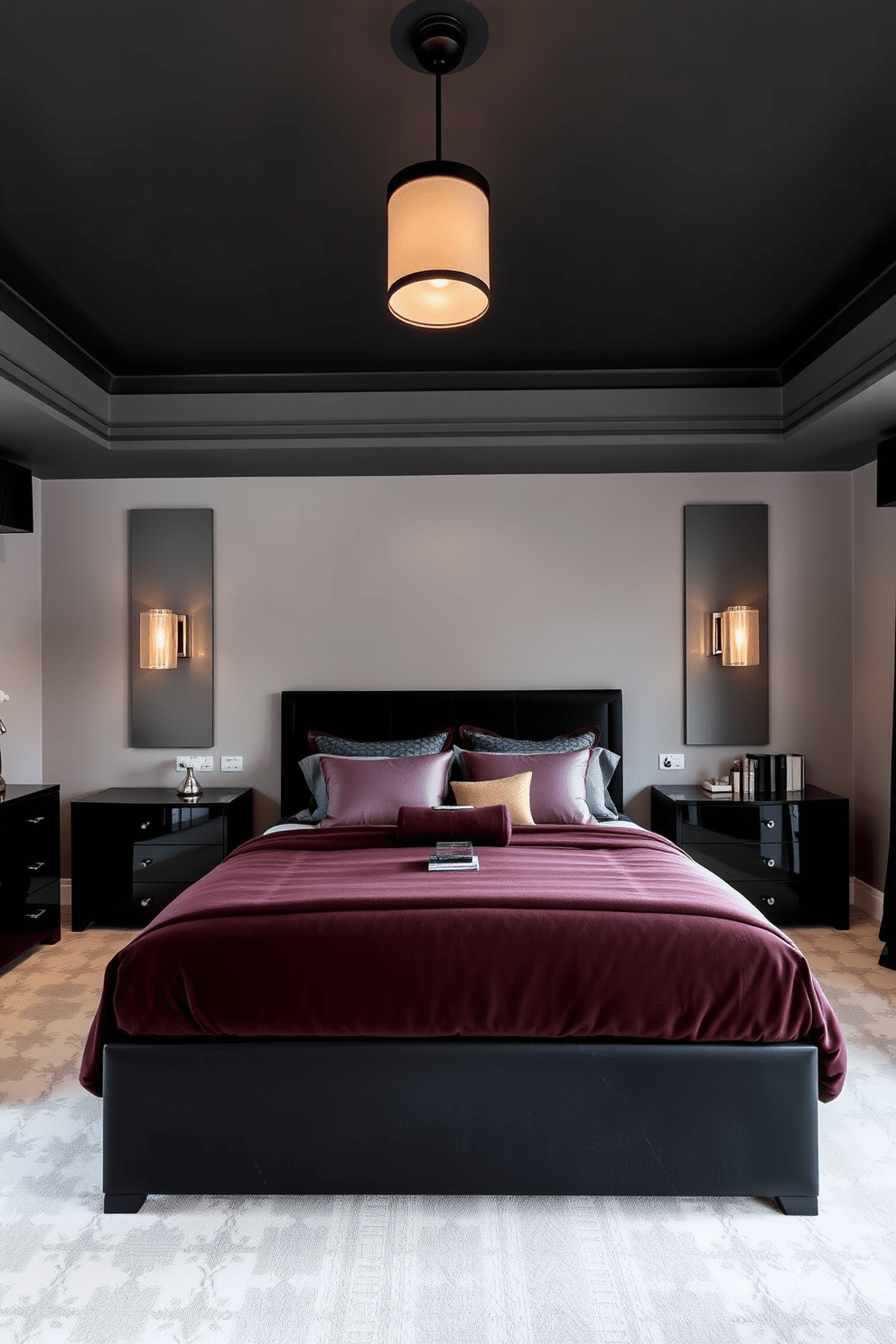 A striking black ceiling creates a bold contrast in the bedroom, enhancing the overall ambiance. The walls are painted in a soft gray, complemented by luxurious bedding in deep jewel tones. Sleek black furniture pieces, including a modern bed frame and nightstands, add sophistication to the space. Soft lighting fixtures with warm tones illuminate the room, creating a cozy and inviting atmosphere.