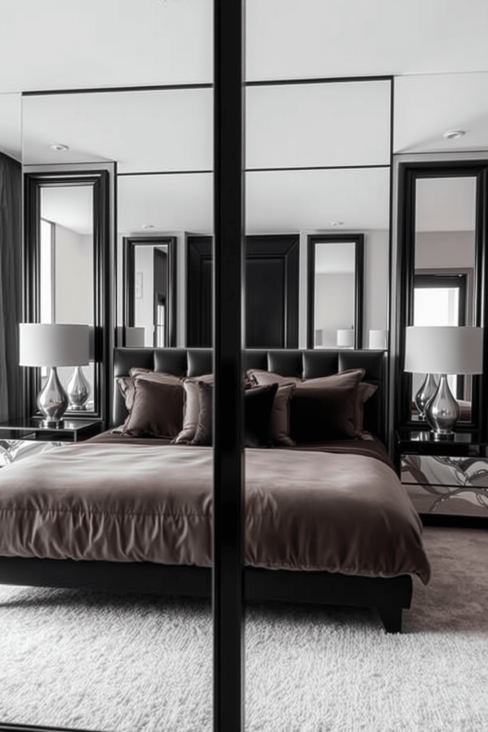 A stylish black bedroom featuring elegant black framed mirrors that create an illusion of spaciousness. The room is adorned with a plush king-sized bed dressed in luxurious bedding, complemented by sleek nightstands and modern lamps on either side.