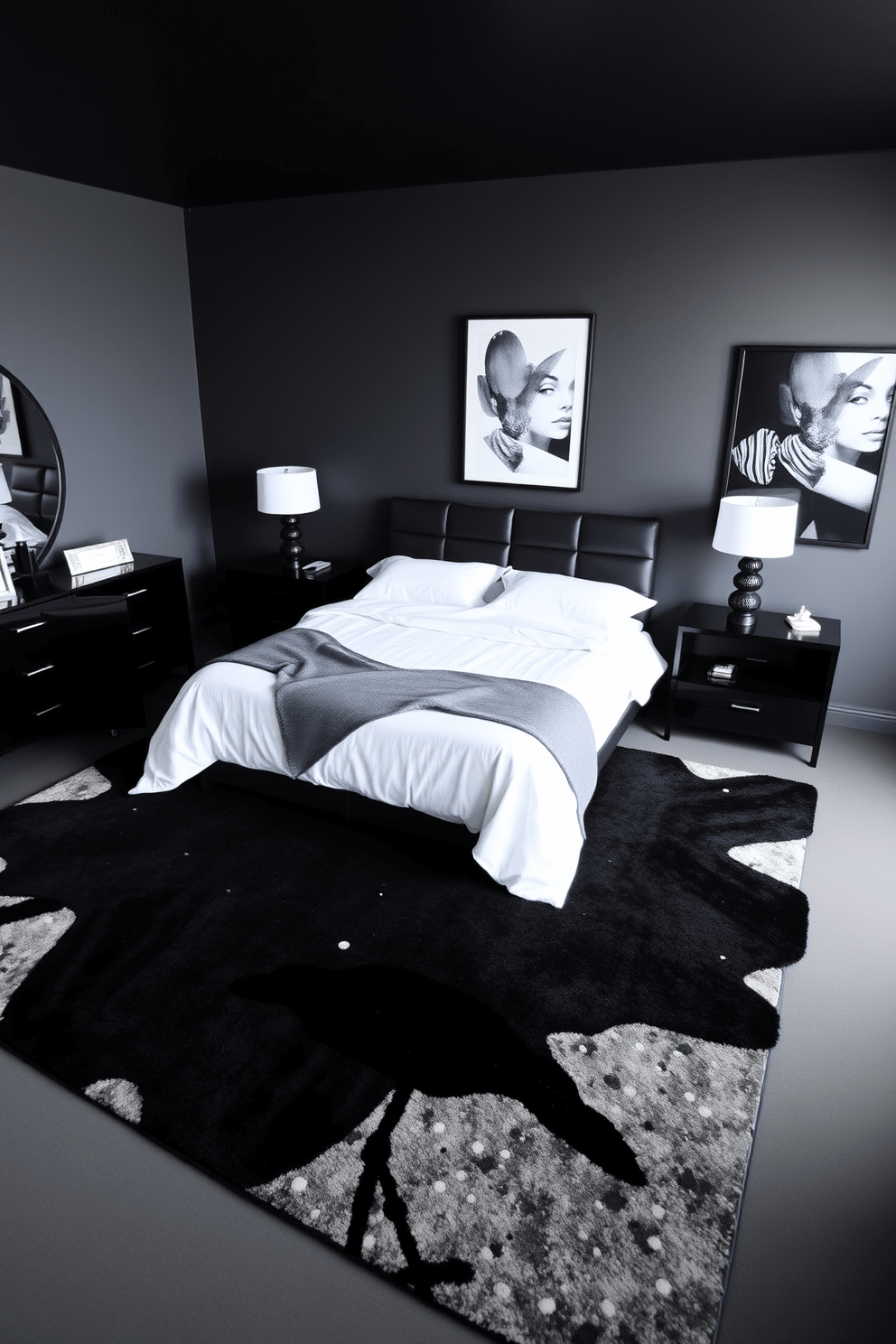 A stylish black bedroom featuring an artistic black area rug that adds warmth and texture to the space. The room is adorned with sleek black furniture, including a modern bed frame and matching nightstands, creating a cohesive and sophisticated atmosphere.