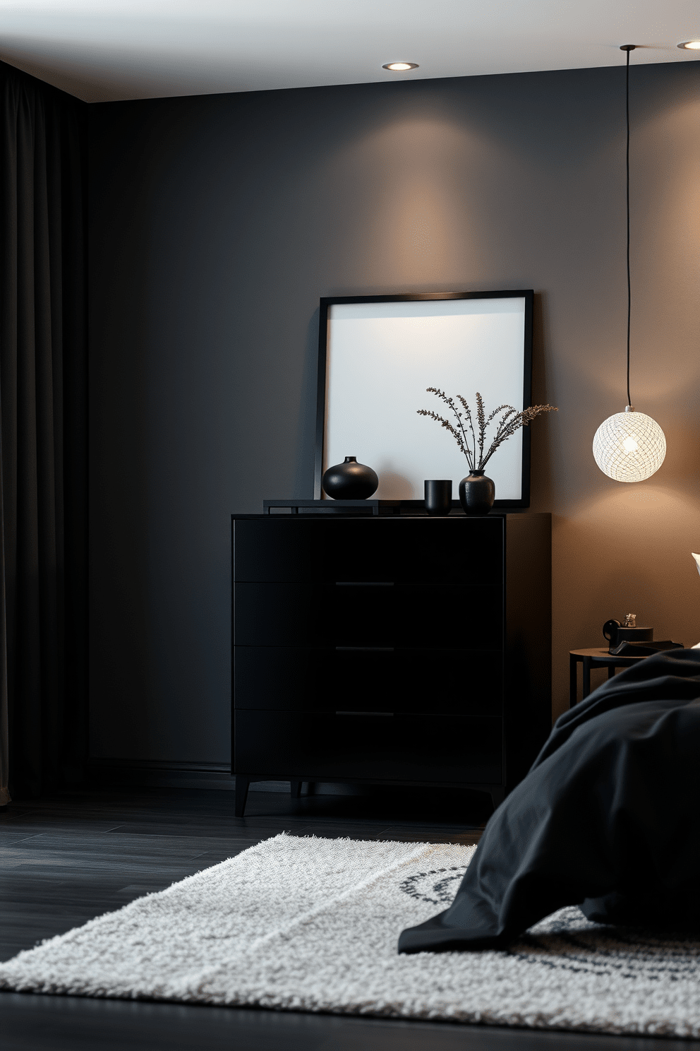 A modern black dresser with clean lines stands against the wall in a sleek black bedroom. The room features soft ambient lighting that highlights the minimalist decor and a plush area rug underfoot.