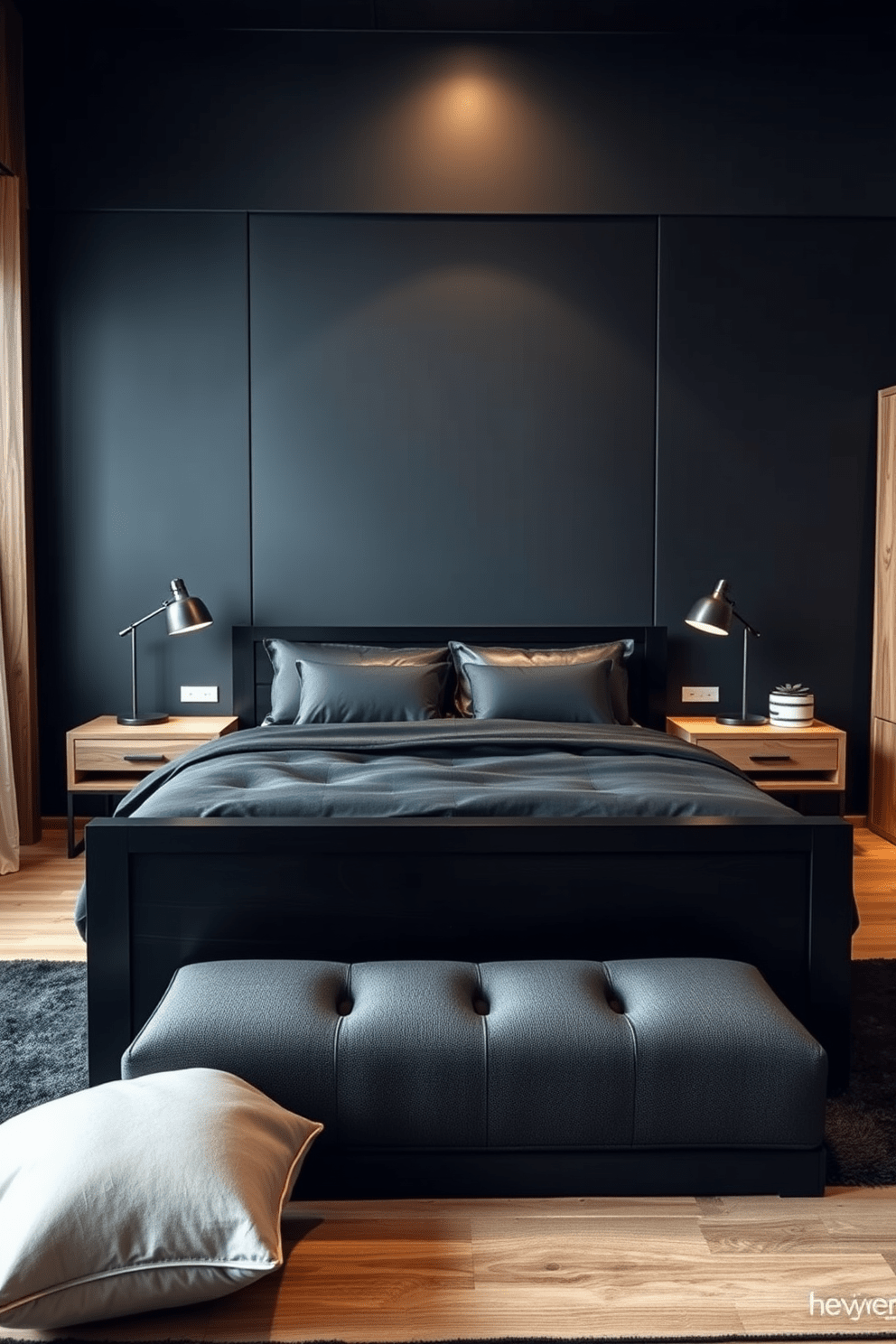 A luxurious black bedroom featuring a harmonious blend of black and natural wood elements. The bed is framed in sleek black wood, complemented by natural wood nightstands on either side, creating a warm and inviting atmosphere. The walls are painted in a deep charcoal hue, accentuated by natural wood accents throughout the room. Soft lighting from stylish bedside lamps casts a gentle glow, enhancing the cozy feel of the space.