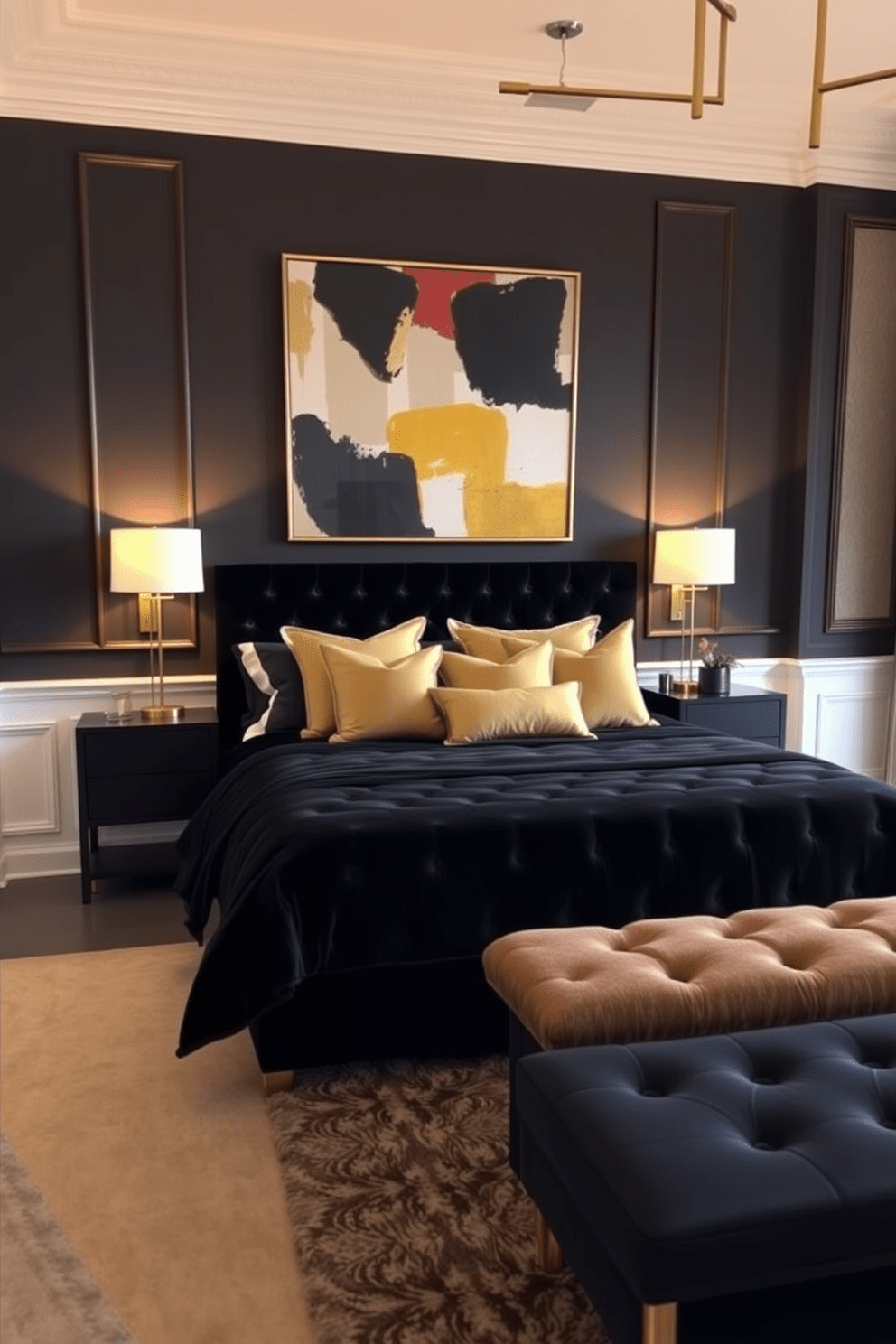 A luxurious black velvet bed is the centerpiece of the room, draped with plush pillows in varying shades of gold and cream. The walls are painted a deep charcoal, and elegant gold accents are incorporated through the lighting fixtures and decorative elements. A stylish black nightstand sits on either side of the bed, adorned with sleek gold lamps that provide a warm glow. A plush area rug in a muted pattern adds texture to the space, while a large piece of abstract art in contrasting colors hangs above the bed, creating a striking focal point.