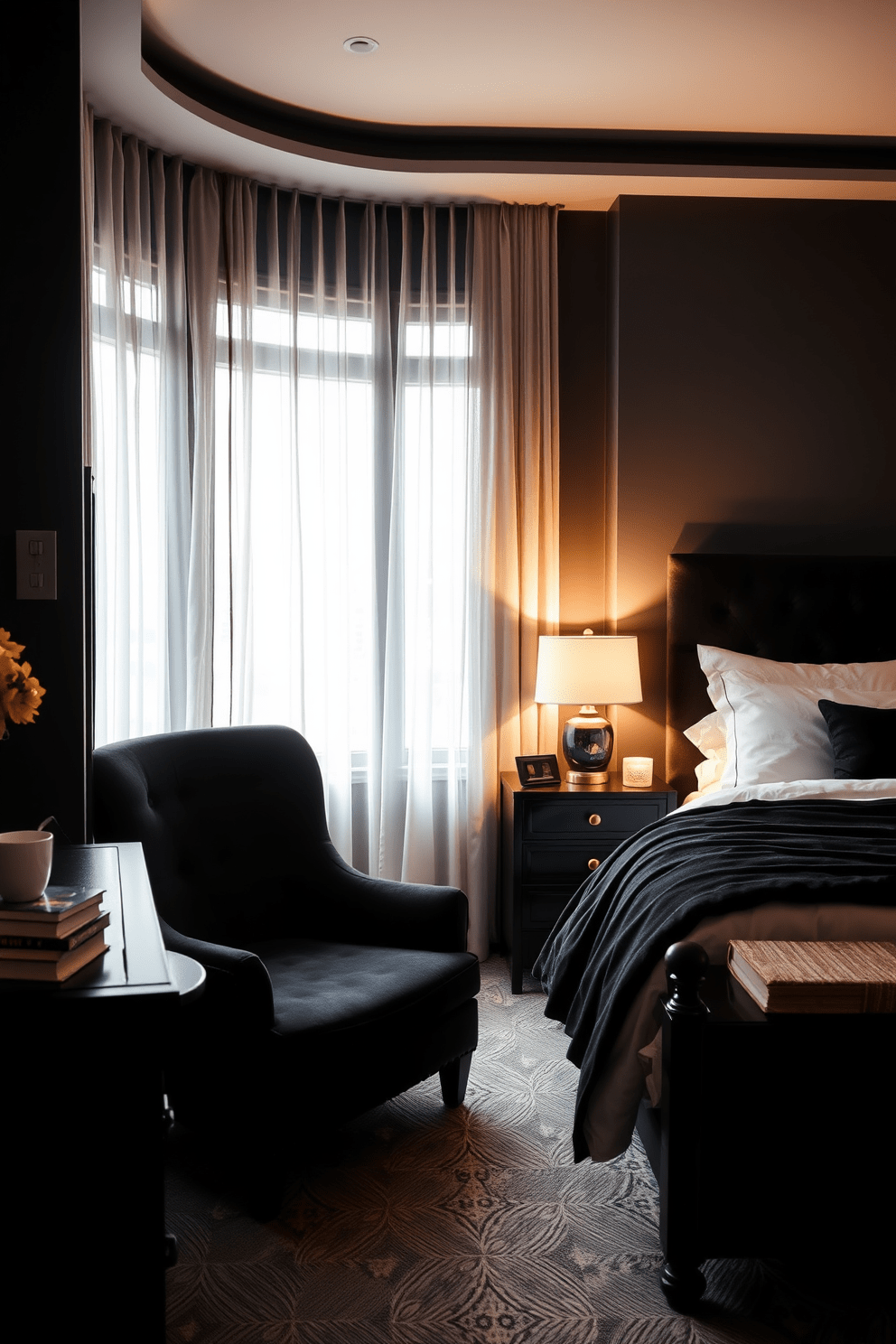 Cozy black reading nook with plush chair. The nook features a large window with sheer curtains that allow soft light to filter in, creating a warm atmosphere. A small side table holds a stack of books and a steaming cup of tea. The walls are painted in a deep charcoal hue, enhancing the comfort of the space. Black bedroom design ideas. The room includes a king-sized bed with a velvet black headboard and crisp white linens for contrast. A stylish black dresser complements the bed, adorned with decorative items and a mirror above it. Soft lighting from bedside lamps creates an inviting ambiance for relaxation.