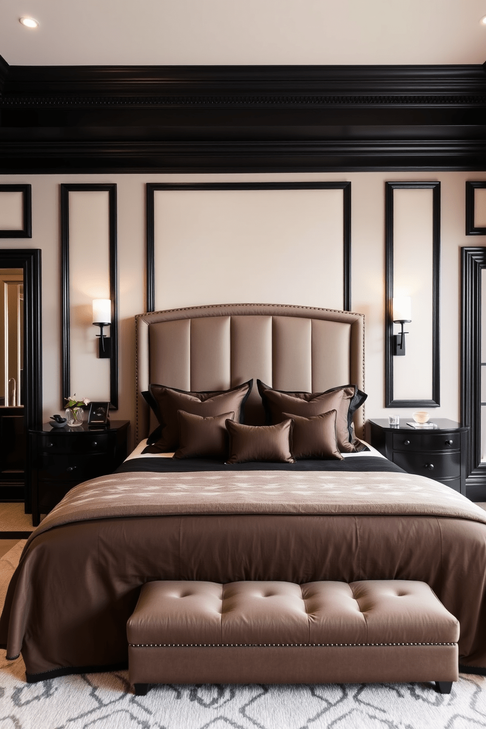 A luxurious black bedroom featuring elegant black painted trim that enhances the overall sophistication of the space. The walls are adorned with soft, muted tones, creating a striking contrast against the bold trim. The centerpiece is a plush king-sized bed dressed in rich fabrics, complemented by stylish black nightstands on either side. Ambient lighting from sleek black sconces casts a warm glow, highlighting the room's refined decor.