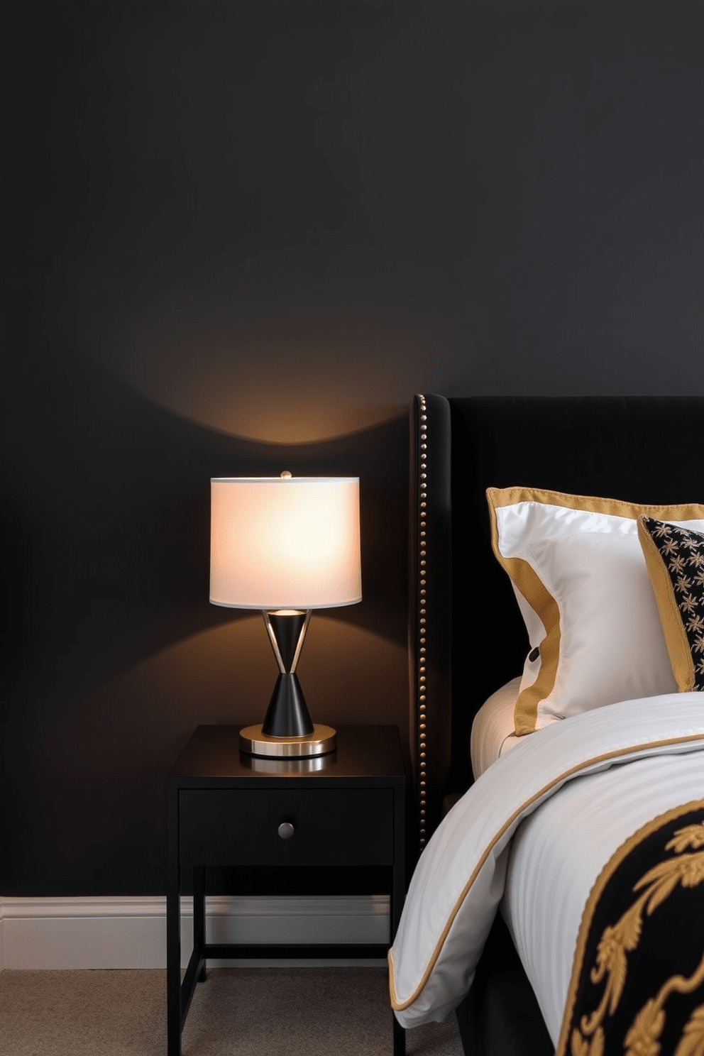 A stylish black bedside lamp with a sleek design sits on a minimalist black nightstand. The lamp emits a warm glow, enhancing the cozy atmosphere of the chic black bedroom. The walls are painted in a deep charcoal hue, creating a dramatic backdrop for the elegant decor. A plush black upholstered headboard frames the bed, adorned with luxurious white and gold bedding for a striking contrast.