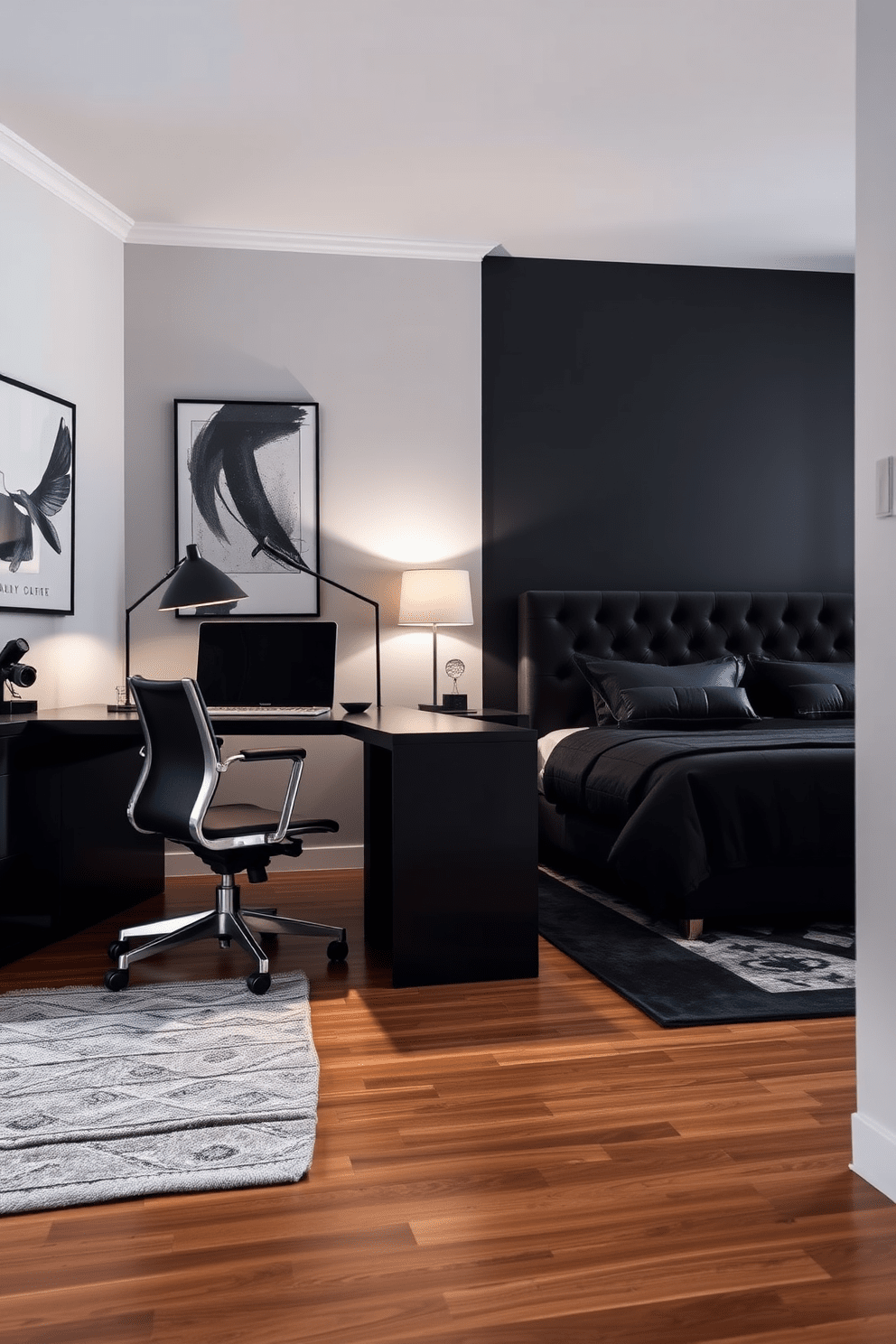 A contemporary black desk is positioned in a chic workspace, complemented by a sleek ergonomic chair. The wall behind the desk is adorned with abstract art, and a stylish lamp provides focused lighting. The black bedroom features a plush king-sized bed with a tufted headboard and luxurious bedding. Soft lighting from bedside lamps creates a warm ambiance, while a statement rug adds texture to the polished wooden floor.