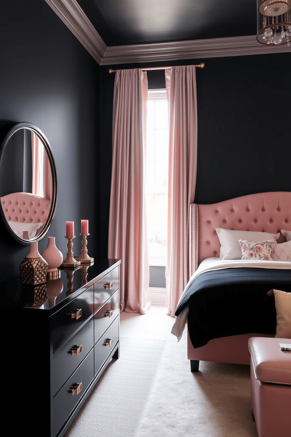 A luxurious black bedroom featuring blush pink accents. The walls are painted a deep matte black, creating a dramatic backdrop for a plush blush pink upholstered headboard. A sleek black dresser sits opposite the bed, adorned with gold hardware and topped with decorative pink accessories. Soft blush pink curtains frame the windows, allowing natural light to filter in gently while adding warmth to the space.