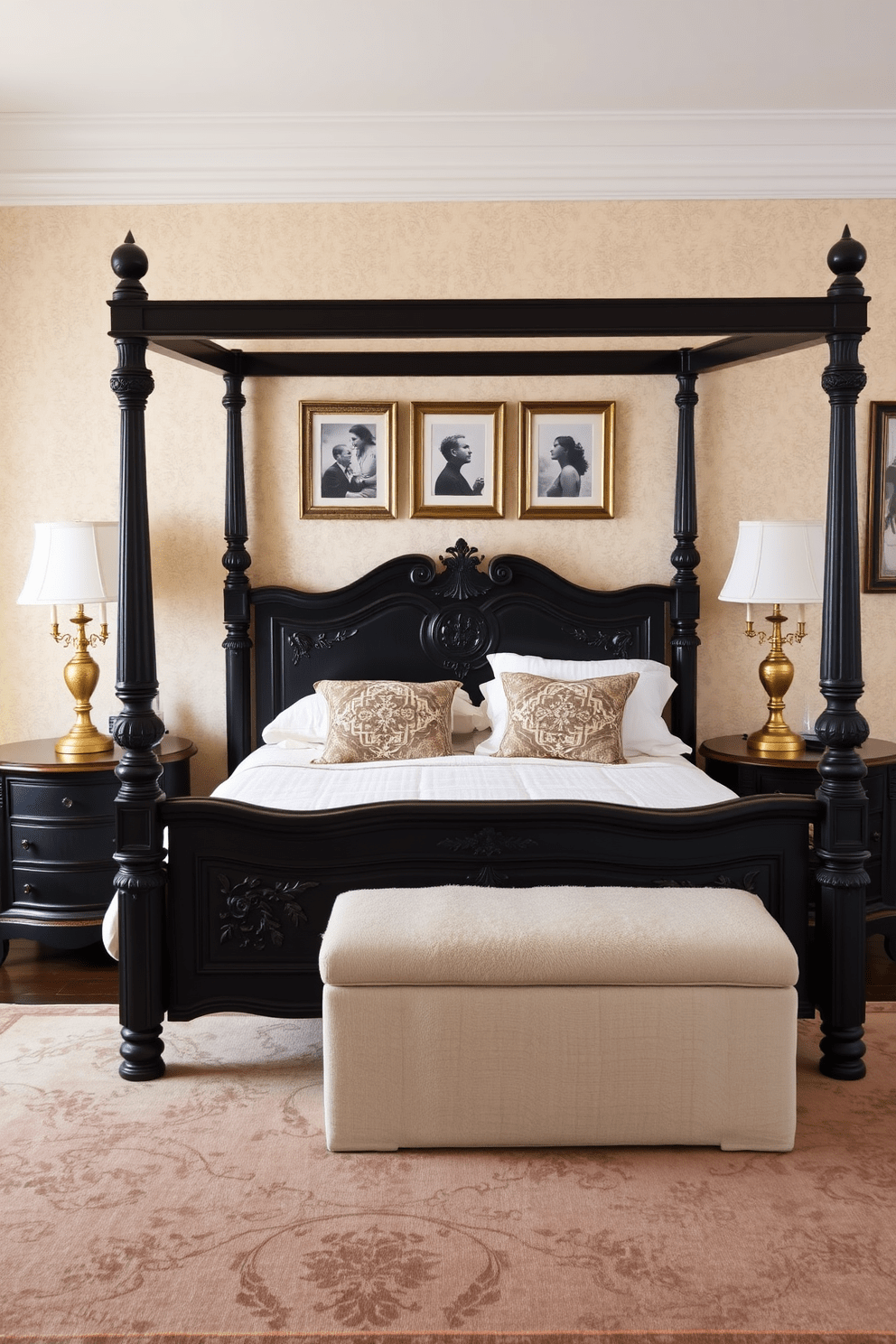 A vintage black bed frame with intricate carvings serves as the centerpiece of the room. The walls are adorned with soft cream wallpaper, creating a warm contrast against the dark furniture. A pair of antique nightstands flank the bed, each topped with elegant brass lamps. A plush area rug in muted tones anchors the space, while framed black and white photographs add a touch of nostalgia to the decor.