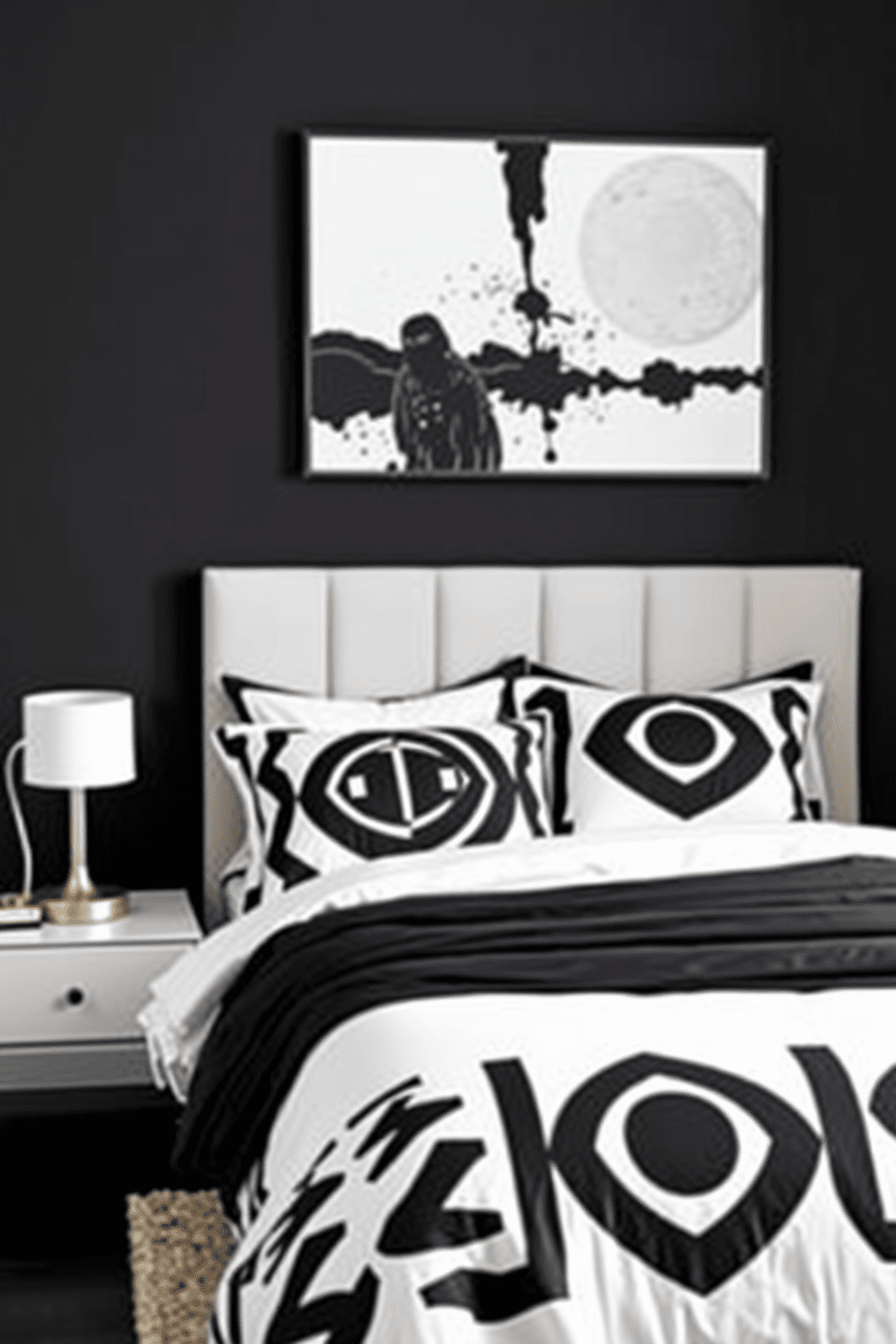 A stylish black bedroom featuring bedding adorned with bold geometric patterns. The walls are painted in a deep charcoal hue, creating a dramatic backdrop for the striking design elements. The bed is a sleek platform style, dressed in crisp white sheets that contrast beautifully with the black patterns. A modern nightstand with a minimalist lamp sits on one side, while a statement piece of abstract art hangs above the bed.