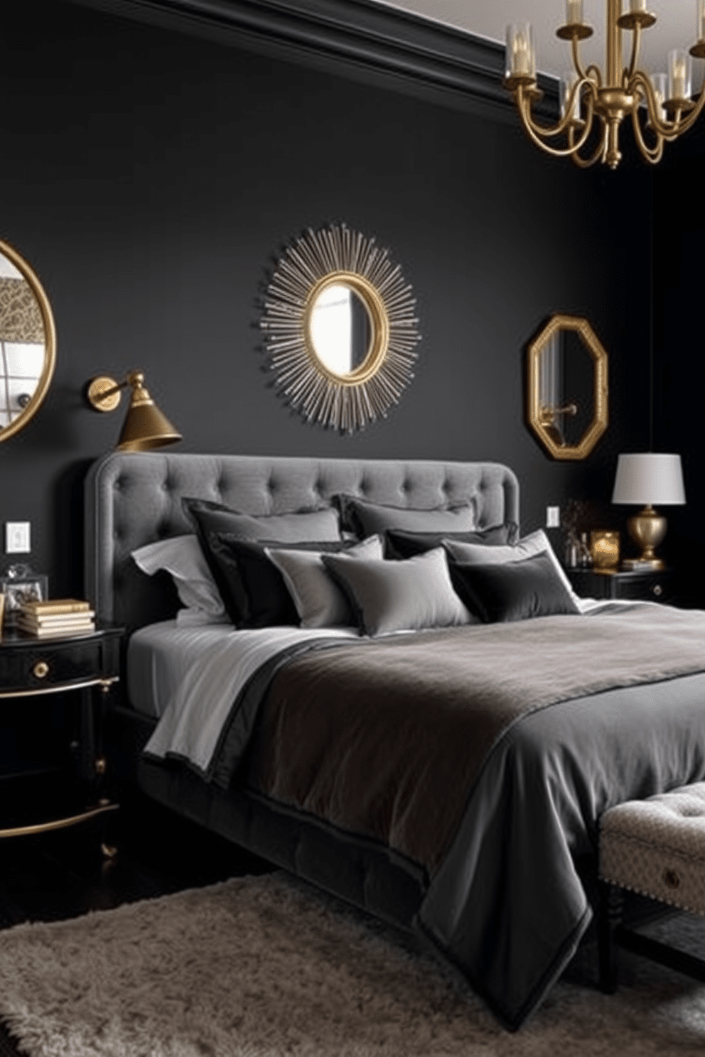 A moody black bedroom featuring walls painted in deep matte black creates an intimate atmosphere. Metallic accents in gold and silver are incorporated through light fixtures, decorative mirrors, and hardware, adding a touch of elegance and sophistication. The bed is dressed in luxurious linens with contrasting textures, including velvet and silk. A plush area rug in a muted tone anchors the space, while strategically placed ambient lighting enhances the overall mood.