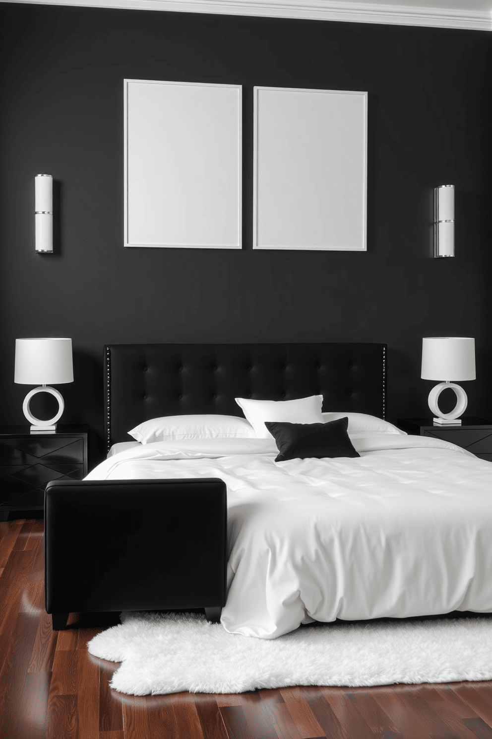 A sleek black bedroom featuring a statement black upholstered bed with crisp white linens. The walls are painted in a matte black finish, creating a dramatic backdrop for minimalist white artwork. A pair of black nightstands with geometric designs flanks the bed, each topped with elegant white lamps. The floor is adorned with a plush white area rug that contrasts beautifully against the dark wood flooring.