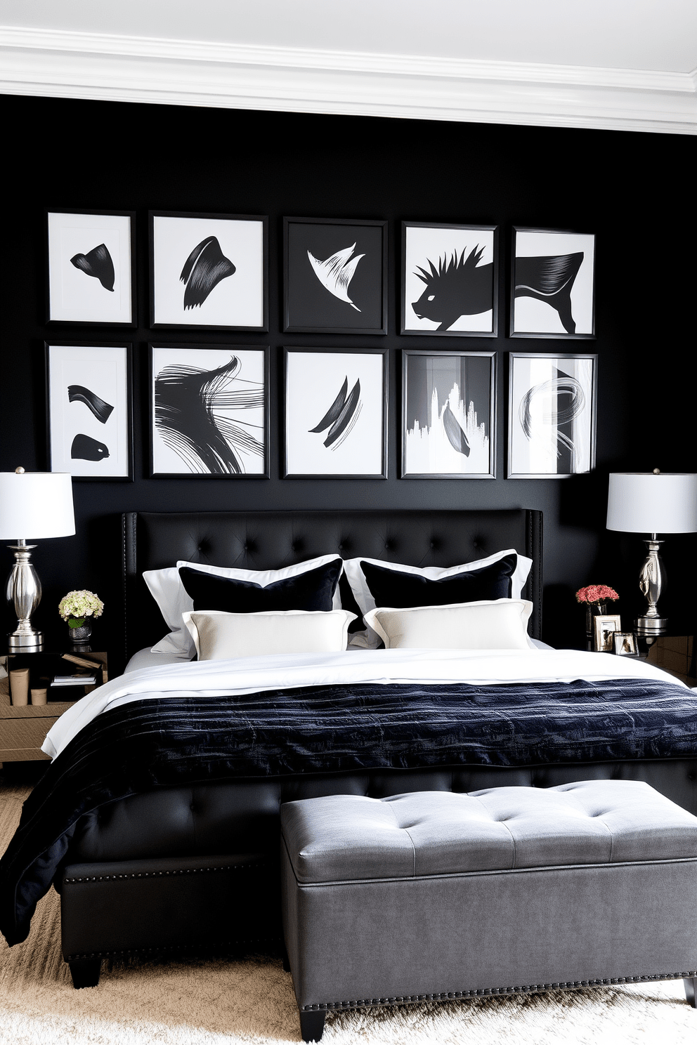 Create a striking black bedroom design featuring a bold statement wall adorned with sophisticated black wall art. The room includes a plush king-sized bed with luxurious linens, complemented by elegant bedside tables and stylish lighting fixtures.