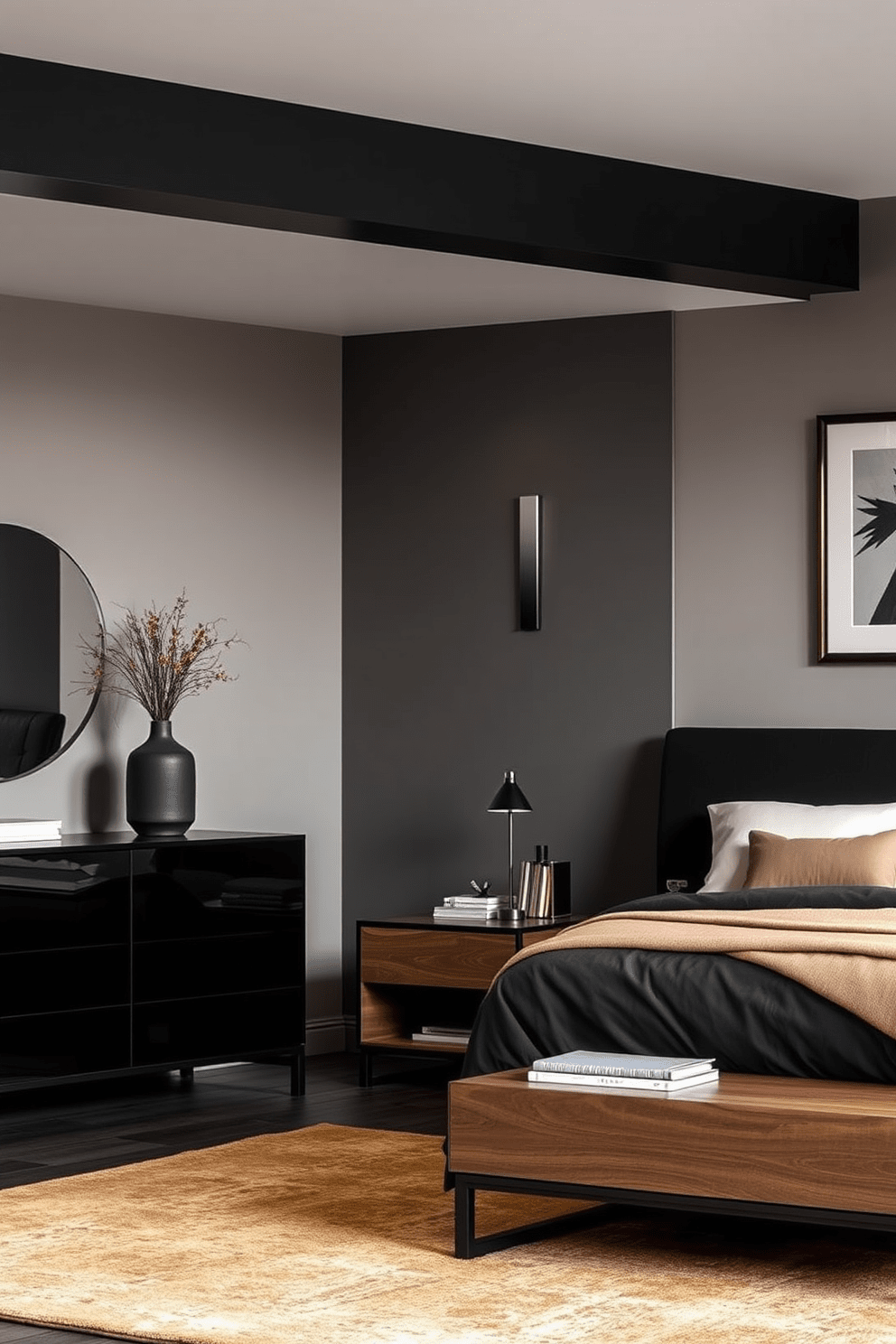 A luxurious black bedroom featuring sleek black furniture complemented by warm wood accents. The bed is adorned with plush bedding, and a stylish wooden nightstand sits beside it, holding a modern lamp. The walls are painted in a soft neutral tone, creating a cozy contrast with the dark furniture. A statement artwork hangs above the bed, and a warm area rug adds texture to the space.