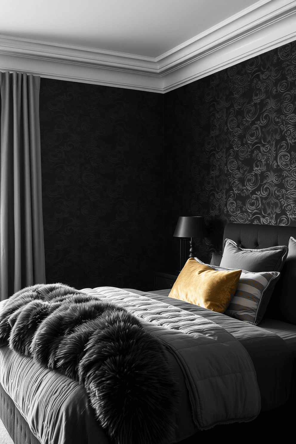 A luxurious black bedroom featuring textured black wallpaper that adds depth and sophistication to the space. The room is accented with plush bedding in varying shades of gray and gold, creating a cozy yet elegant atmosphere.