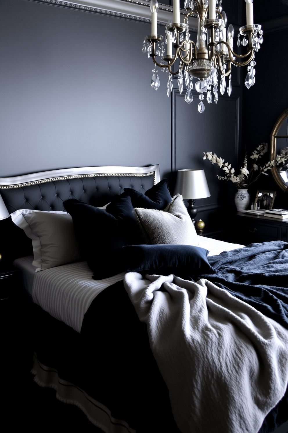 A luxurious black bedroom featuring layered black and gray textiles creates a cozy and inviting atmosphere. The bed is adorned with plush black and gray pillows, complemented by a soft throw blanket draped across the foot of the bed. Dark wooden furniture enhances the elegant design, while a statement chandelier adds a touch of glamour. The walls are painted in a deep charcoal hue, creating a dramatic backdrop for the stylish decor elements.