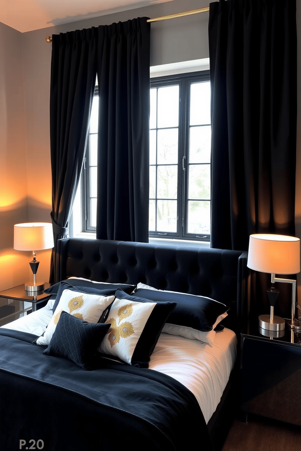 A cozy black bedroom setting with bold black curtains framing a large window. The bed features a plush black velvet headboard and is adorned with white and gold accent pillows, creating a striking contrast. A stylish nightstand on each side of the bed holds modern lamps with warm light. The walls are painted in a soft gray tone, enhancing the inviting atmosphere of the room.