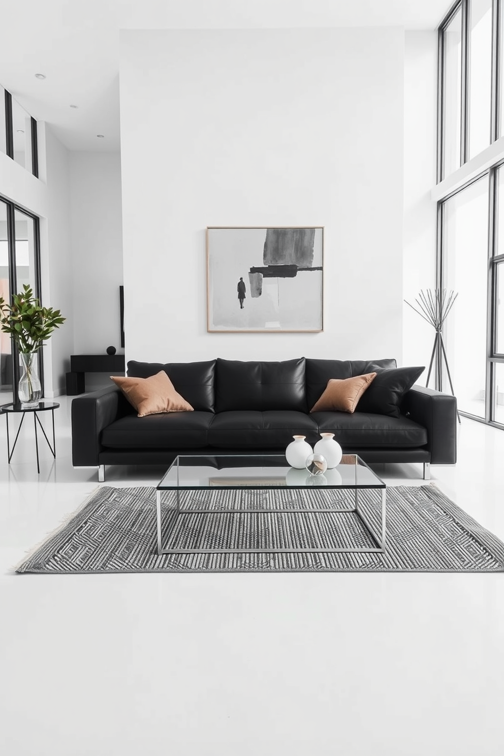 A modern minimalism living room features a sleek black couch with clean lines and geometric accents throughout the space. The walls are painted in a soft white, and a large abstract art piece hangs above the couch, adding a pop of color. A low-profile coffee table made of glass and metal sits in front of the couch, complemented by a textured area rug underneath. Floor-to-ceiling windows allow natural light to flood the room, highlighting the minimalist decor and creating an inviting atmosphere.