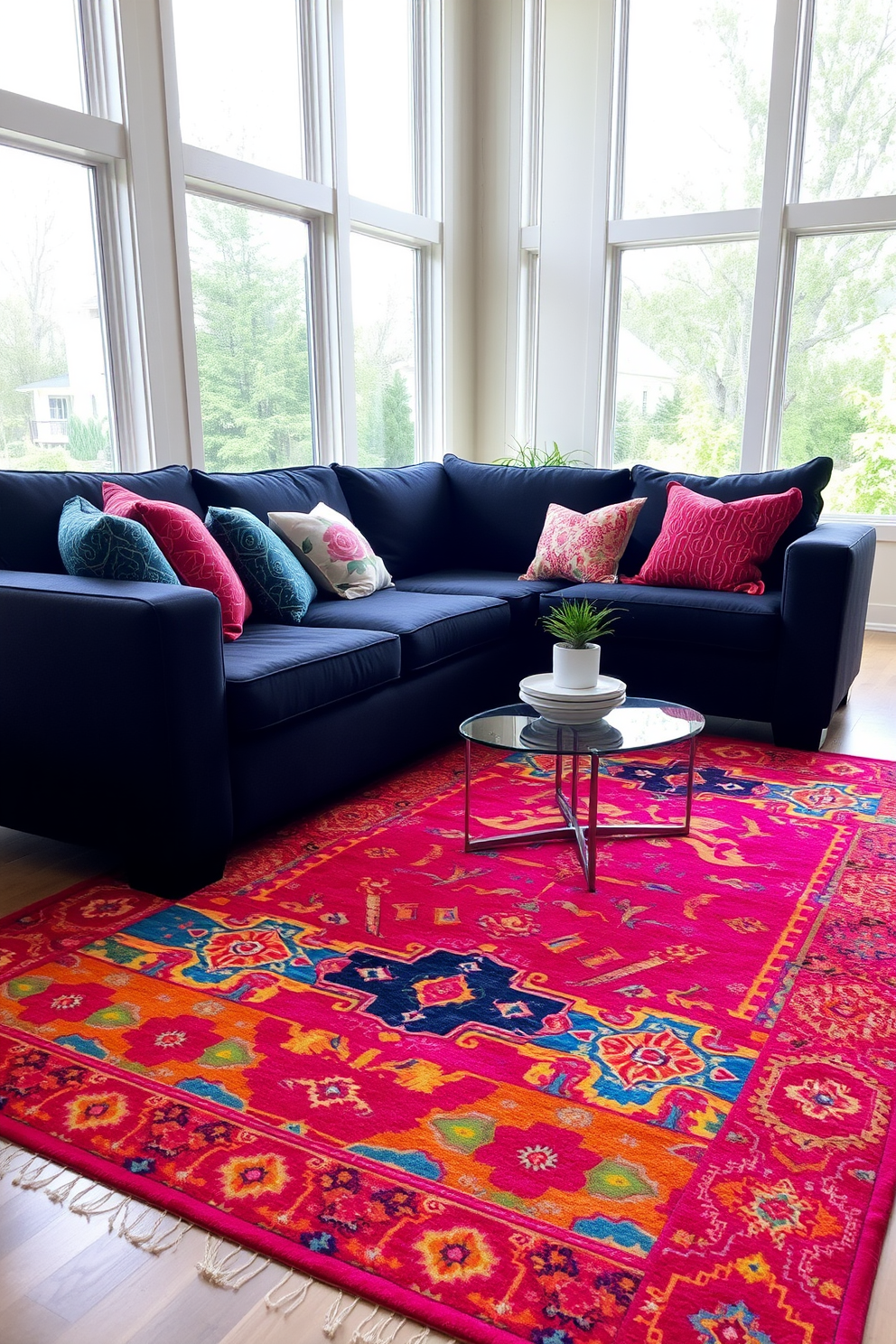 A bright area rug with vibrant colors and patterns is placed under a sleek black couch, creating a cozy and inviting atmosphere in the living room. The combination of the rug and couch enhances the overall design, making the space feel both stylish and comfortable. The black couch is complemented by colorful throw pillows that add texture and personality to the room. Large windows allow natural light to flood in, highlighting the contrast between the bright rug and the dark furniture.