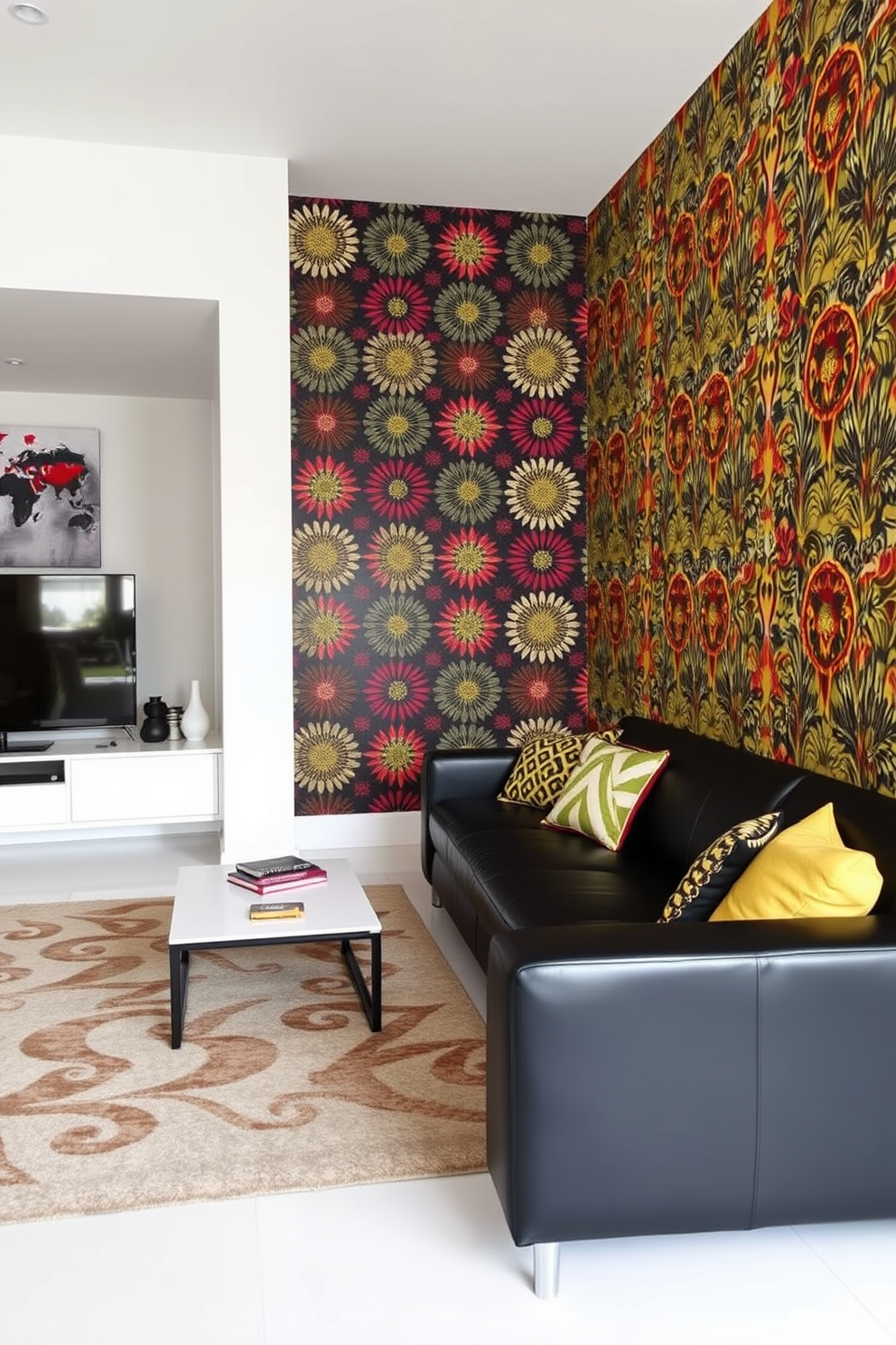 A striking living room featuring an accent wall adorned with bold wallpaper patterns that create a vibrant focal point. The space is anchored by a sleek black couch that complements the energetic design of the room.