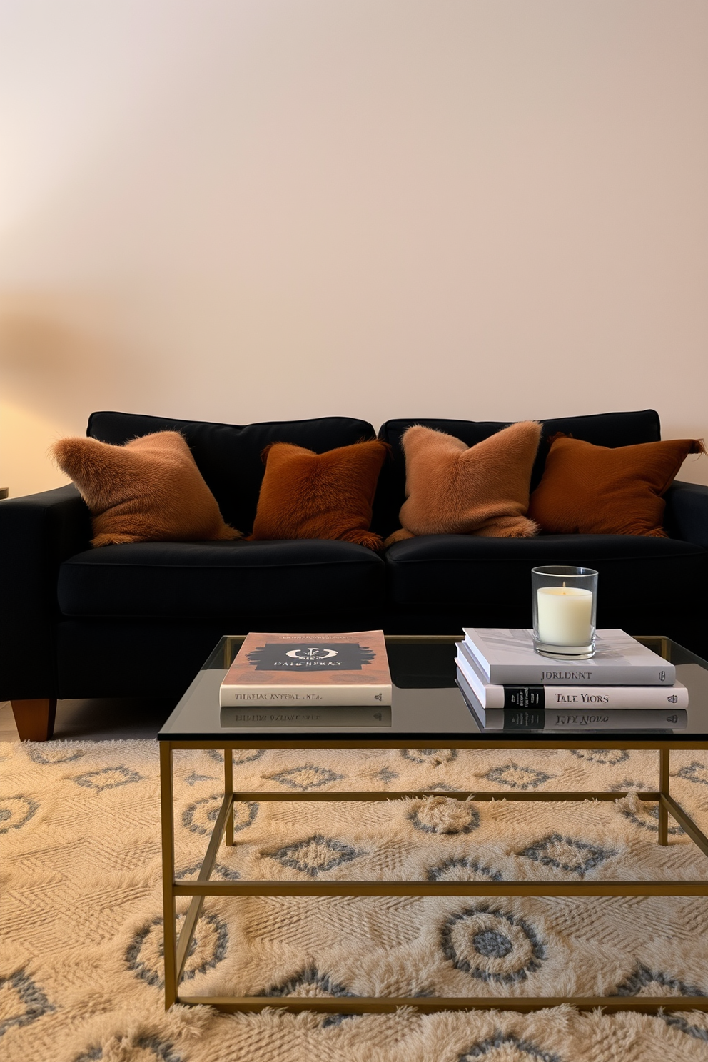 A cozy living room setting with soft ambient lighting. A black couch is the focal point, adorned with plush throw pillows in warm tones. The walls are painted in a light beige to enhance the warmth of the space. A stylish coffee table sits in front of the couch, topped with a few decorative books and a candle.