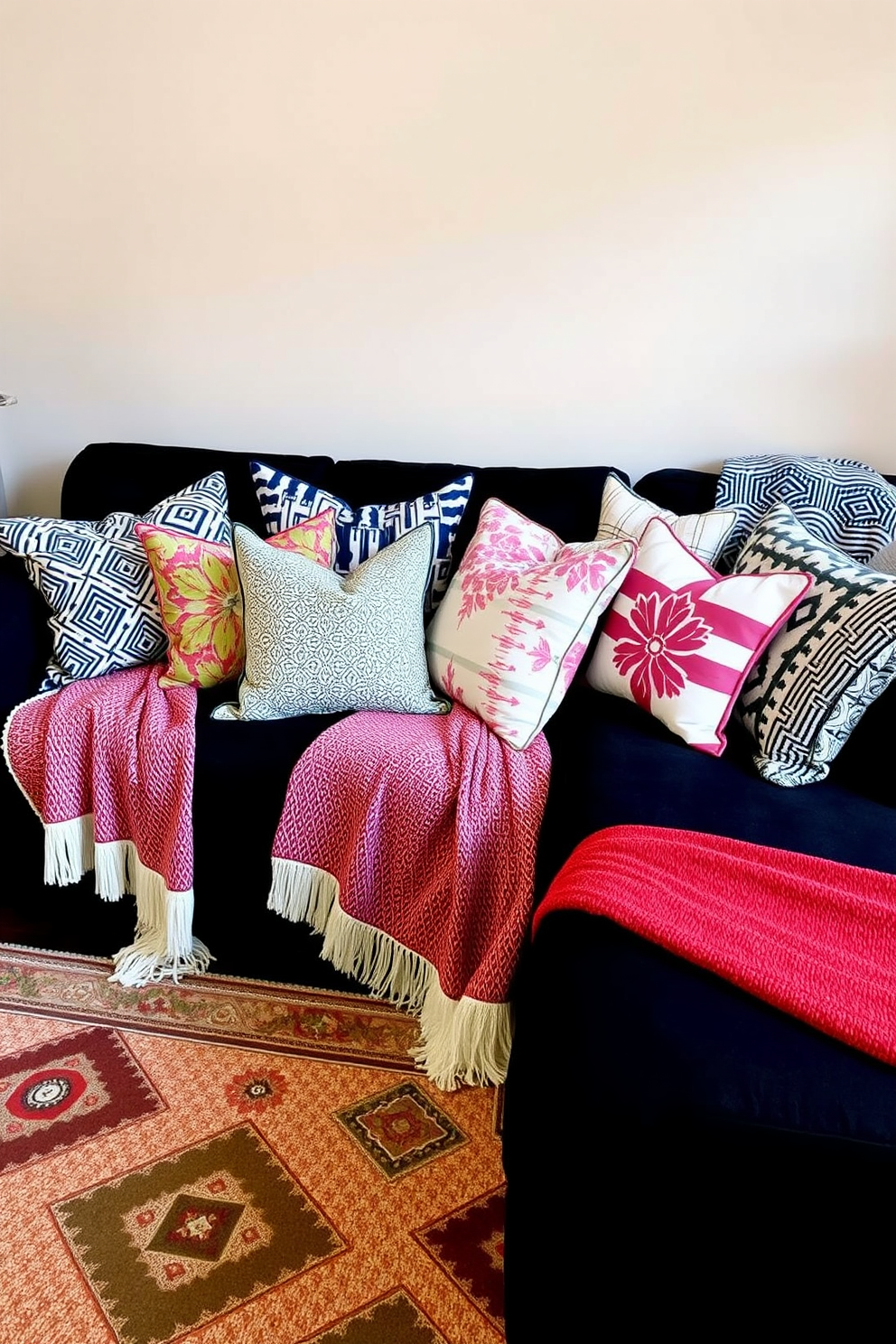 A stylish living room featuring a black couch adorned with a variety of patterned cushions and throws. The arrangement includes geometric, floral, and striped designs that create a vibrant and inviting atmosphere. The walls are painted in a soft neutral tone to enhance the contrast with the dark couch. A cozy area rug with complementary patterns anchors the space, adding warmth and texture to the overall design.